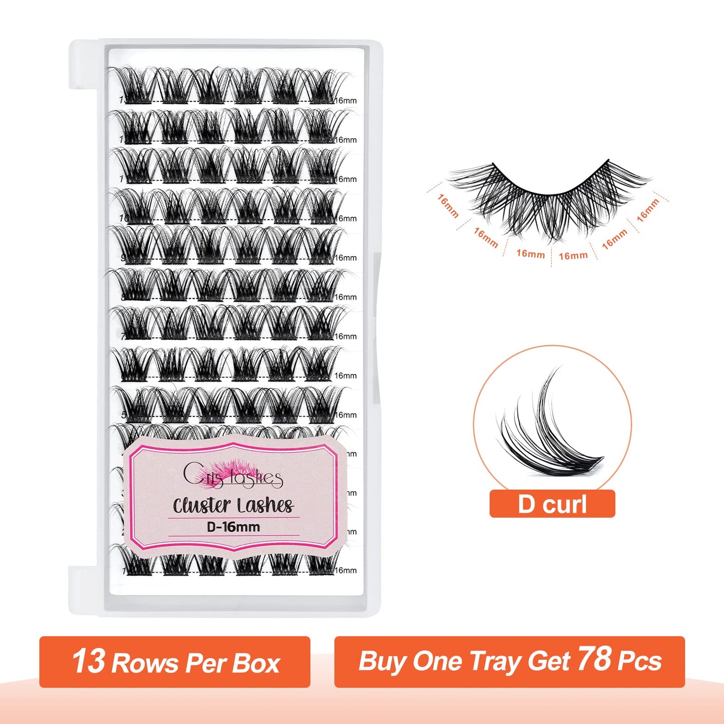 Cluster Lashes, Crislashes DIY Eyelash Extension 13 Rows, D Curl 16mm Individual Cluster Eyelashes Natural Look, 78 pcs Reusable Cluster Eyelash Extensions at Home (F05-D Curl 16mm)