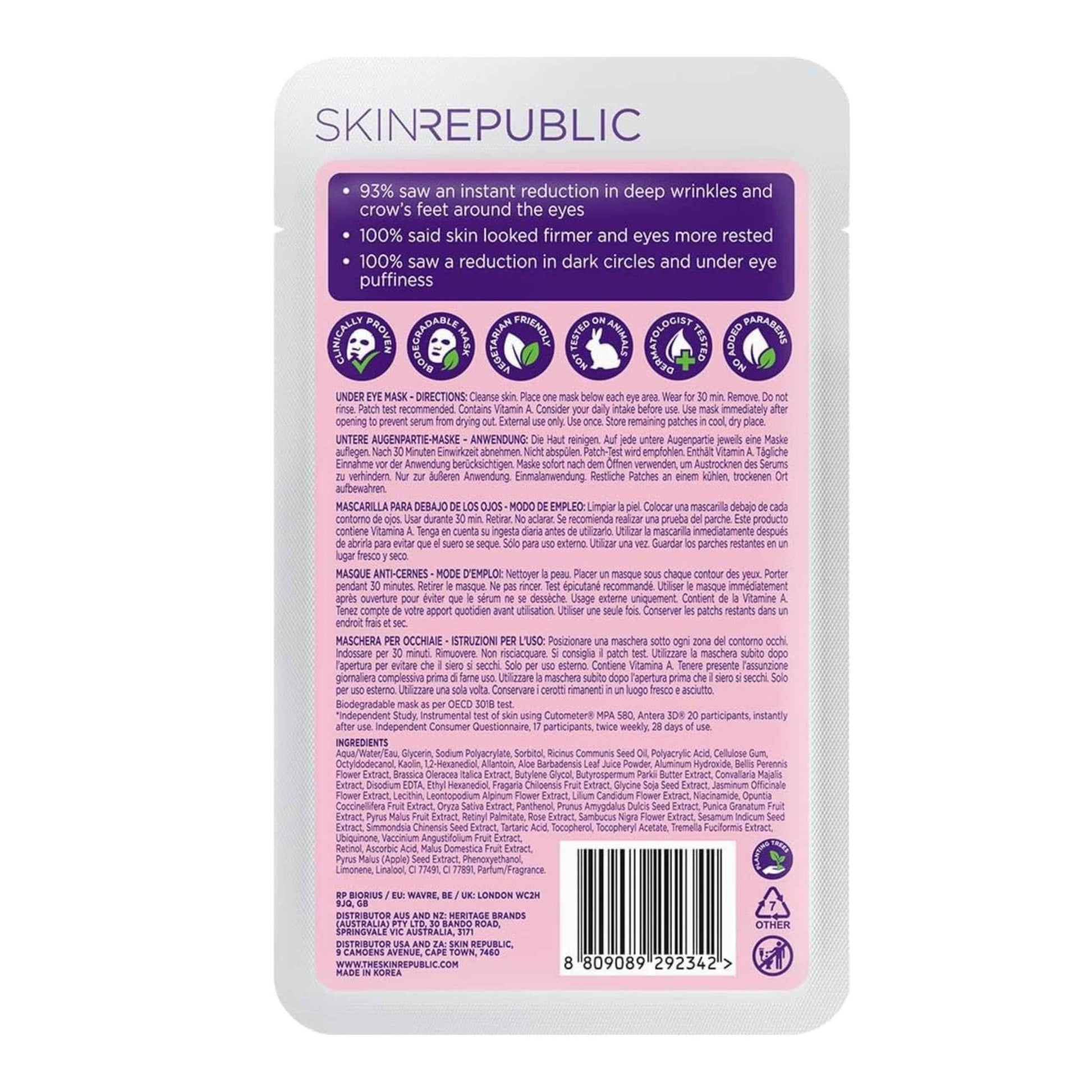 Skin Republic Retinol Under Eye Mask. Clinically Proven to Reduce Crow’s Feet and Deep Wrinkles. Made in Korea. 3 Pack (9 pairs of under eye masks).