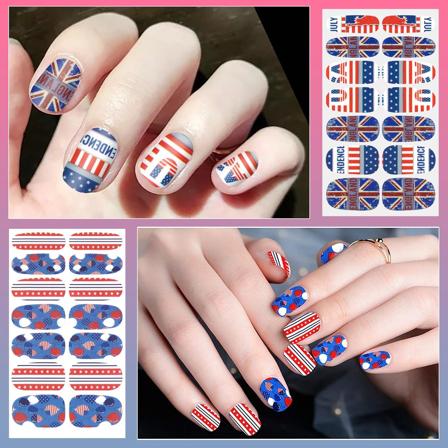 DANNEASY 8 Sheets 4th of July Independence Day Nail Polish Stickers Full Nail Wraps for Women Self Adhesive Nail Polish Strips Fingernail Sticker Stick on Nails with Nail File, Cuticle Stick