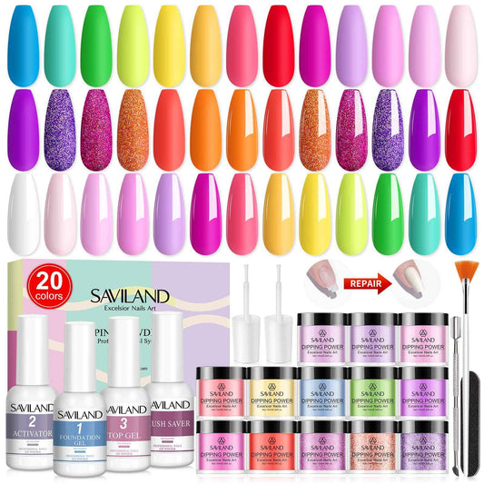 SAVILAND Dip Powder Nail Kit Starter: 29 Pcs Dip Nails Powder Starter Kit for All Season 15 ml Dipping Liquid Set with Base Top Coat Activator for French Nail Art Manicure DIY Salon Ideal Gift Set