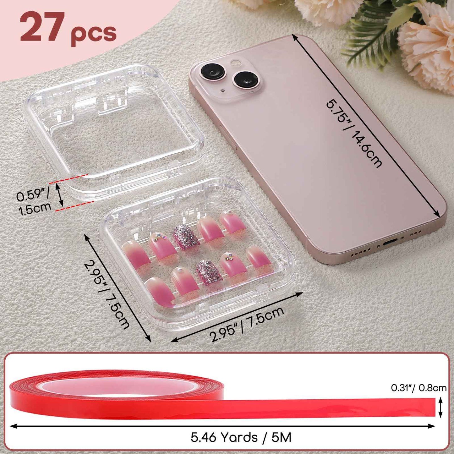 Noverlife 27 Set Press-On Nail Packaging Display Box w/ Adhesive Tape, 3x3" Clear Fake Nail Storage Container