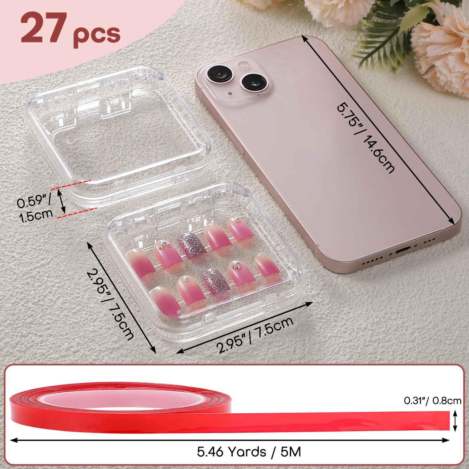 Noverlife 27 Set Press-On Nail Packaging Display Box w/ Adhesive Tape, 3x3" Clear Fake Nail Storage Container