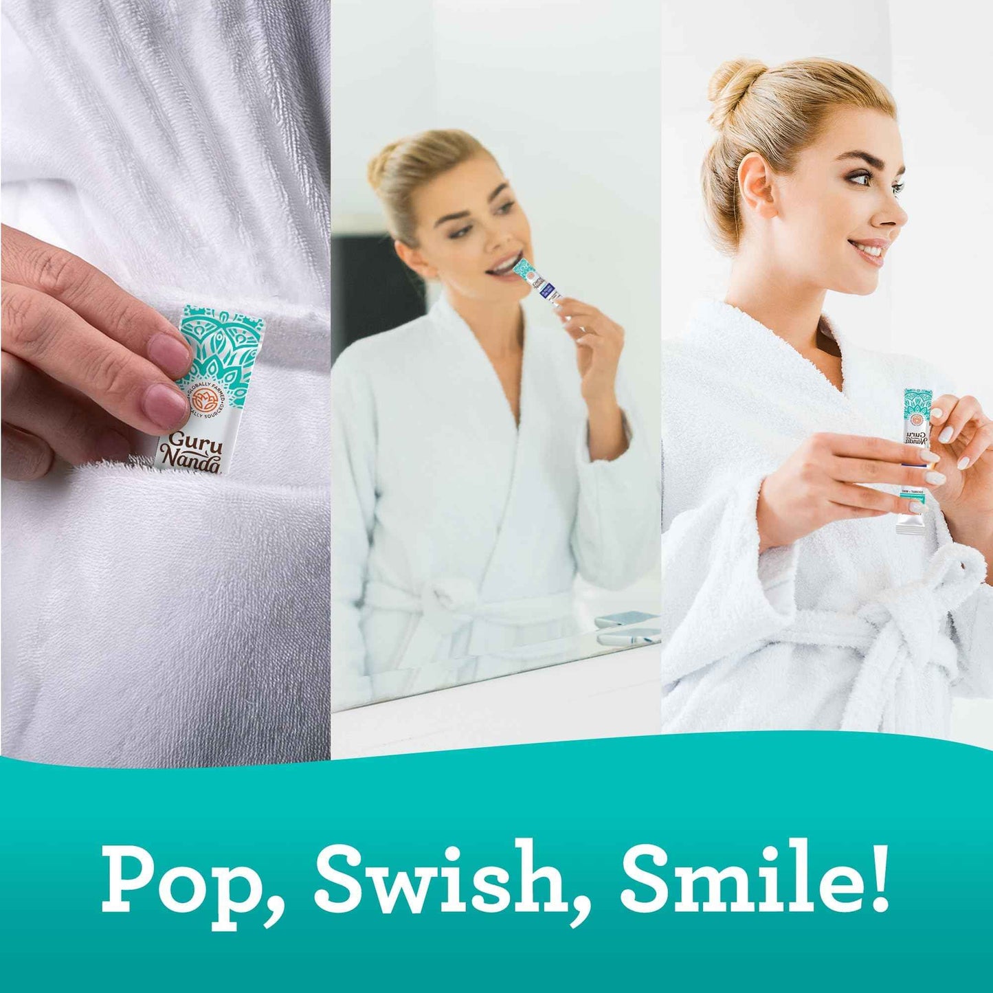 GuruNanda Travel Sachets Coconut Oil Pulling, Fresh Breath Mouthwash, 7 Essential Oils & Vitamins for Happy Teeth & Gums, with Tongue Scraper, 28 Sachets