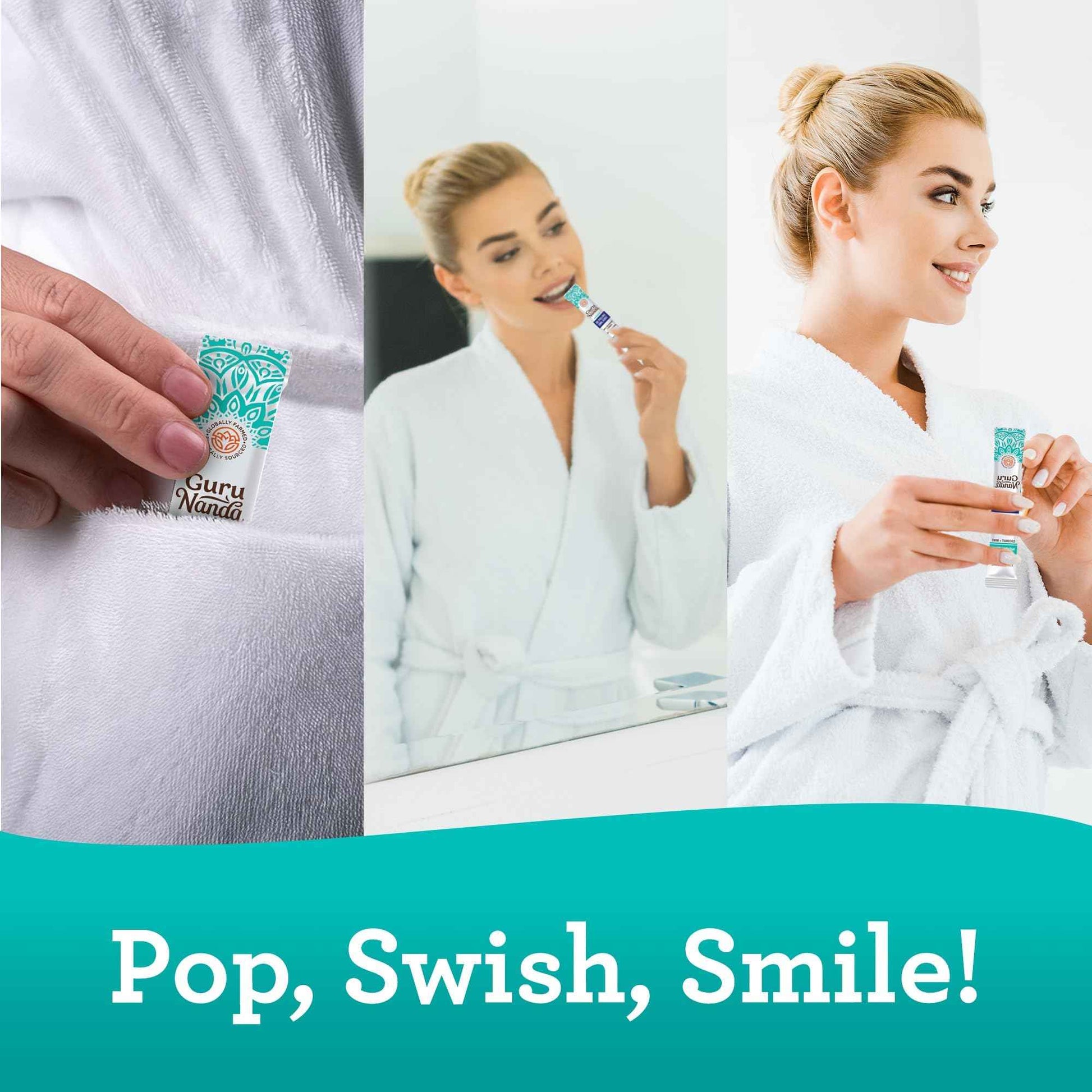 GuruNanda Travel Sachets Coconut Oil Pulling, Fresh Breath Mouthwash, 7 Essential Oils & Vitamins for Happy Teeth & Gums, with Tongue Scraper, 28 Sachets