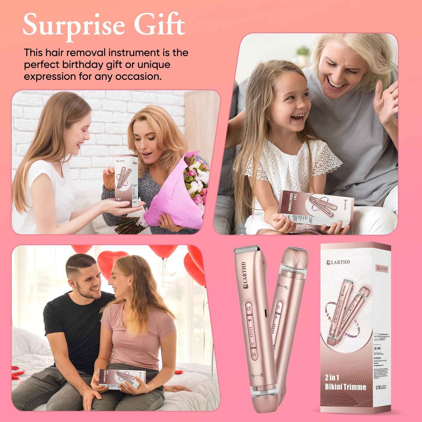 LARTHD 2 in 1 Women Electric Shaver Dual Head Bikini Trimmer for Women IPX7 Waterproof Wet & Dry Use Body Hair Trimmer and Facial Hair Remover for Bikini Underarm Leg Arm Body Face