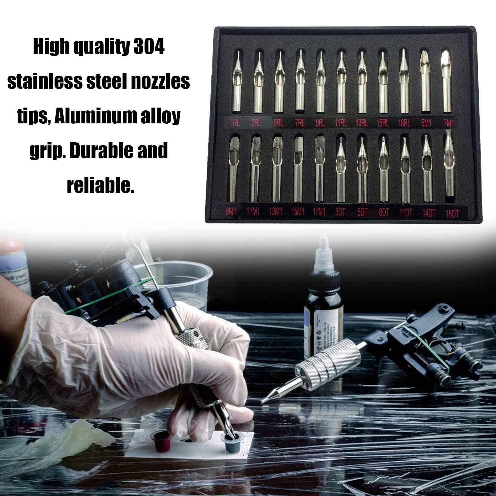 SOTICA Traditional Tattoo Tips and Grips,3Pcs Aluminum Grips Tubes and 22 PCS Tips Stainless steel Tips and Grips Round Diamond Magnum RT DT FT Nozzle Tips for Tattoo Suuplies