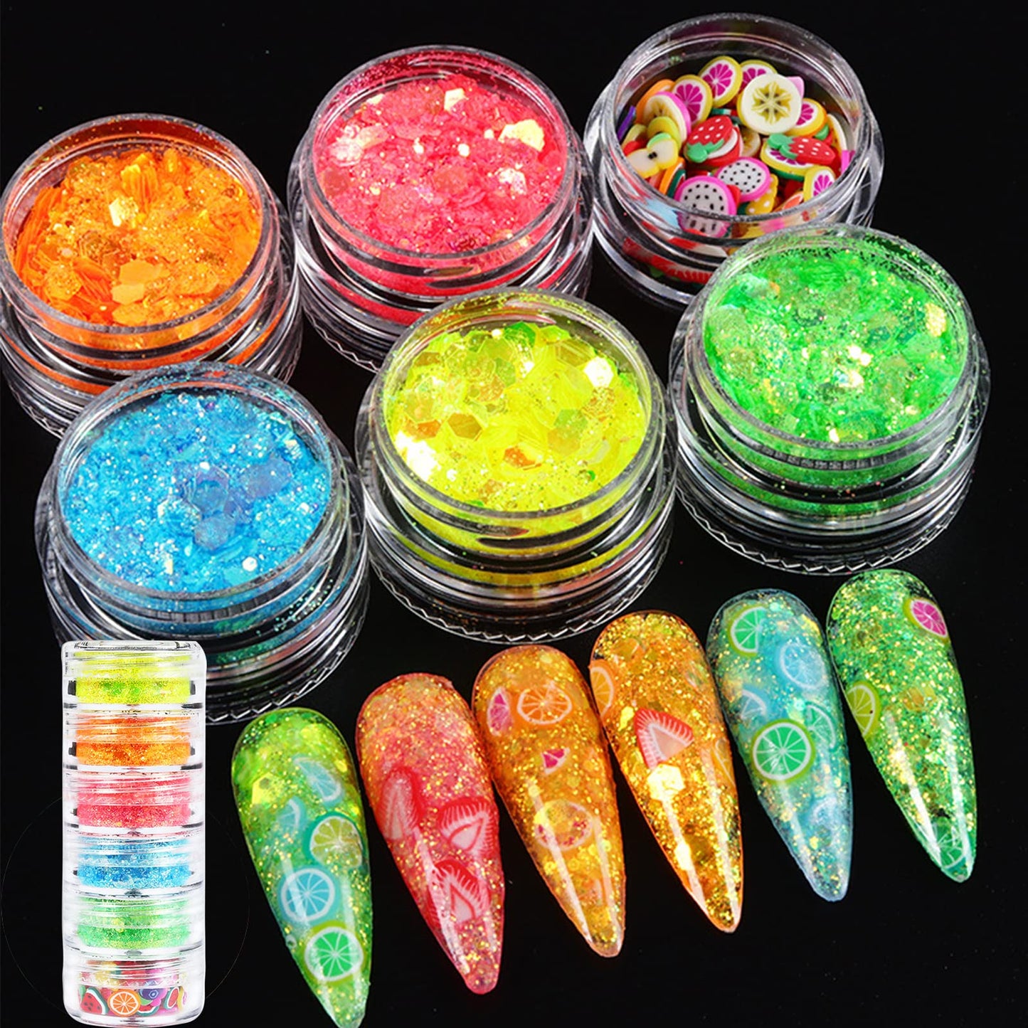 12 Colors Hexagon Nail Glitter Flakes Holographic Chunky Glitter Shiny Mermaid Nail Sequins Charms Craft Glitter Powder Flakes with 3D Fruit Slices for Women Girls Nail Art