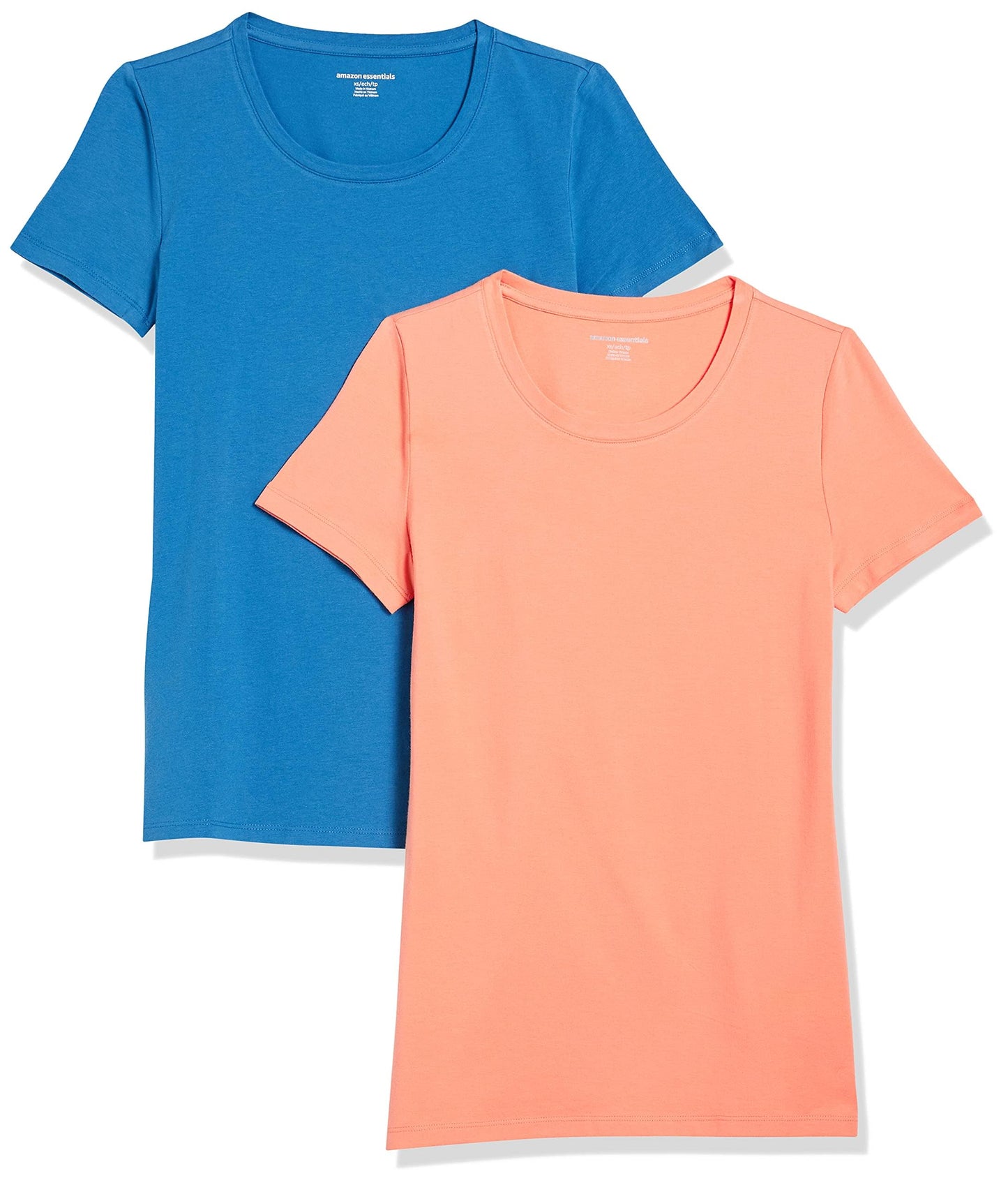 Amazon Essentials Women's Classic-Fit Short-Sleeve Crewneck T-Shirt, Pack of 2, Blue/Coral Orange, X-Small