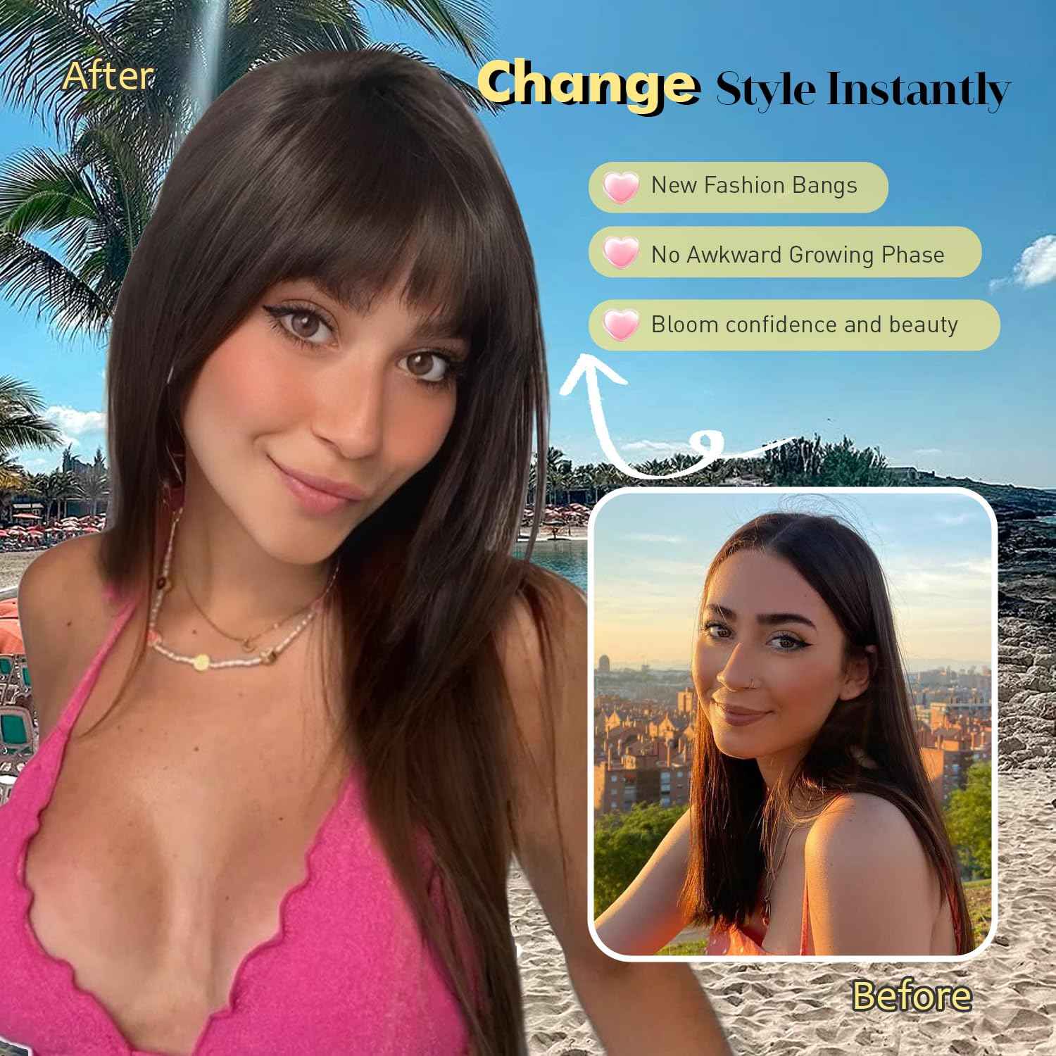 PANEWAY Hair Topper With Bangs Straight 18inch Toppers 6.5“ ×6.5” Base Premium Synthetic Hair Pieces For Women-Light Brown with Dark Root