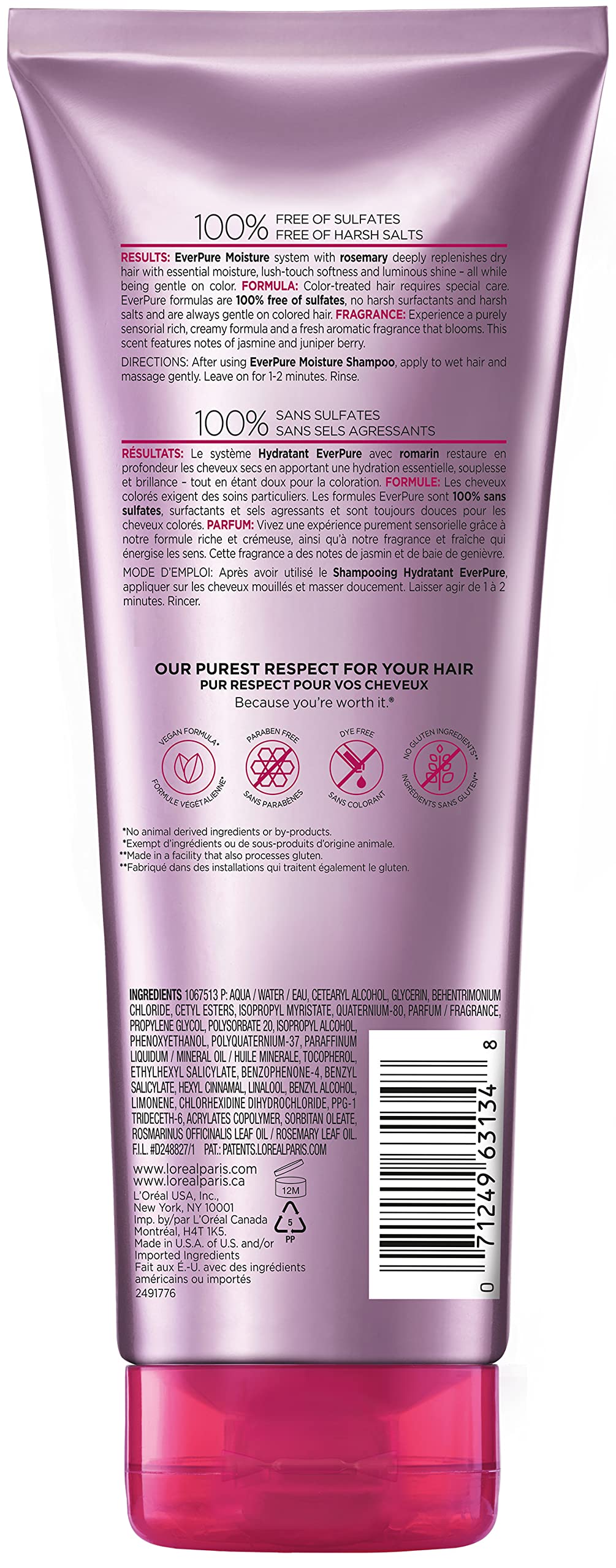 L'Oreal Paris EverPure Moisture Sulfate Free Conditioner, Hair Care for Color-Treated Hair with Rosemary Botanicals, 11 Fl Oz
