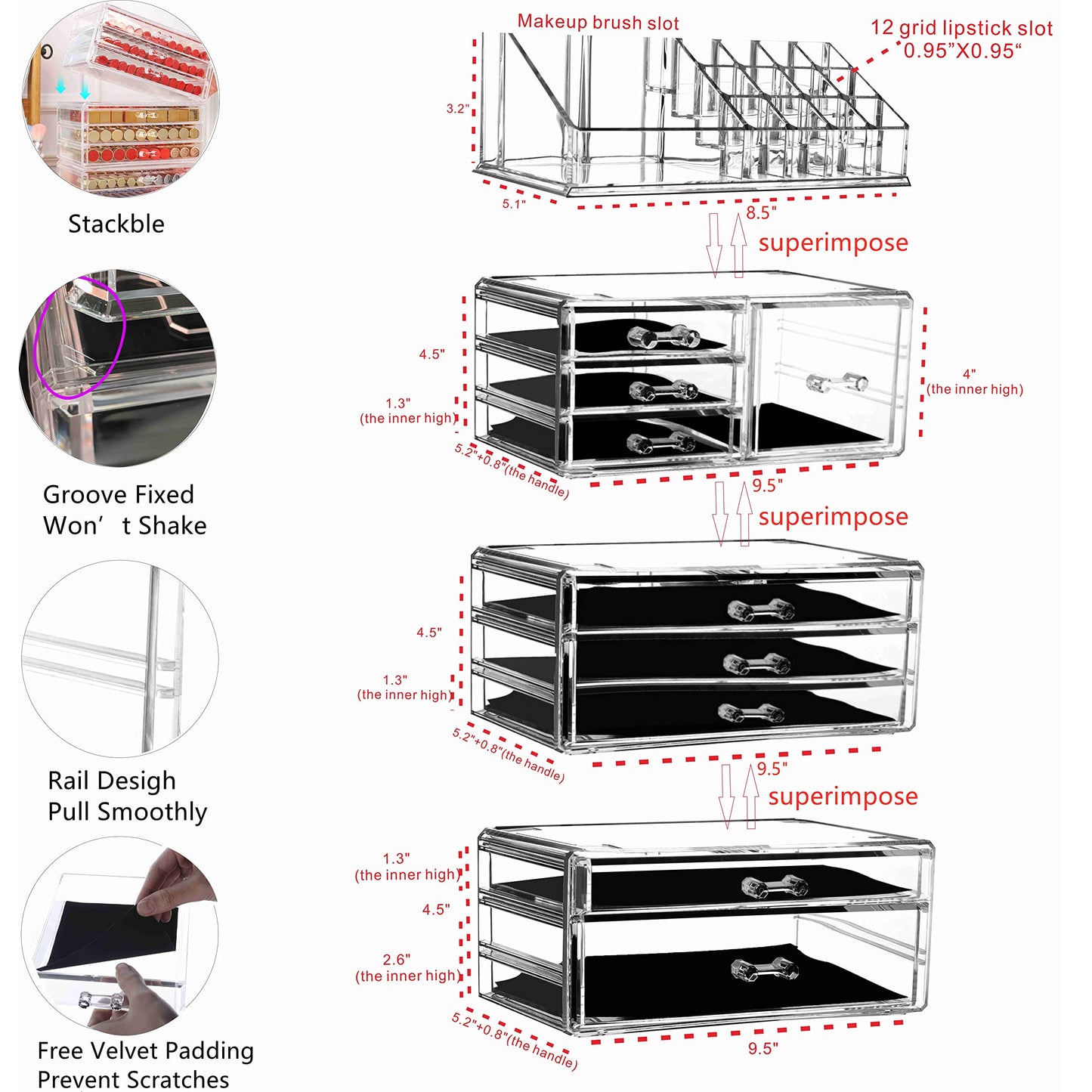 Cq acrylic 4 Pack Clear Make up Organizer Countertop,Stackable 9 Drawers Makeup Storage,Cute Vanity Organizers for dresser Hair Clip,Jewelry,Beauty Product Desk and Bathroom Organizers and Storage