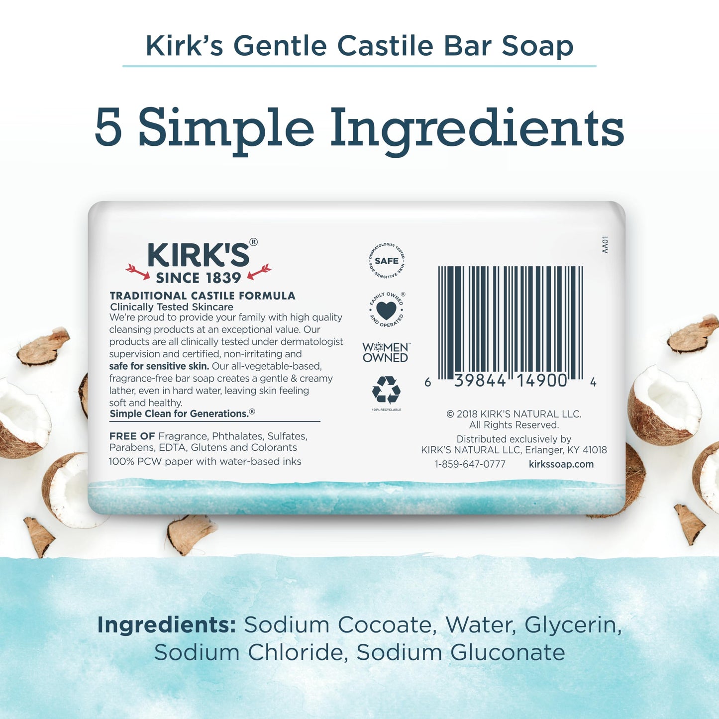 Kirk's Castile Bar Soap Clean Soap for Men, Women & Children | Premium Coconut Oil | Sensitive Skin Formula, Vegan | Fragrance-Free/Unscented | 4 oz. Bars - 4 Pack