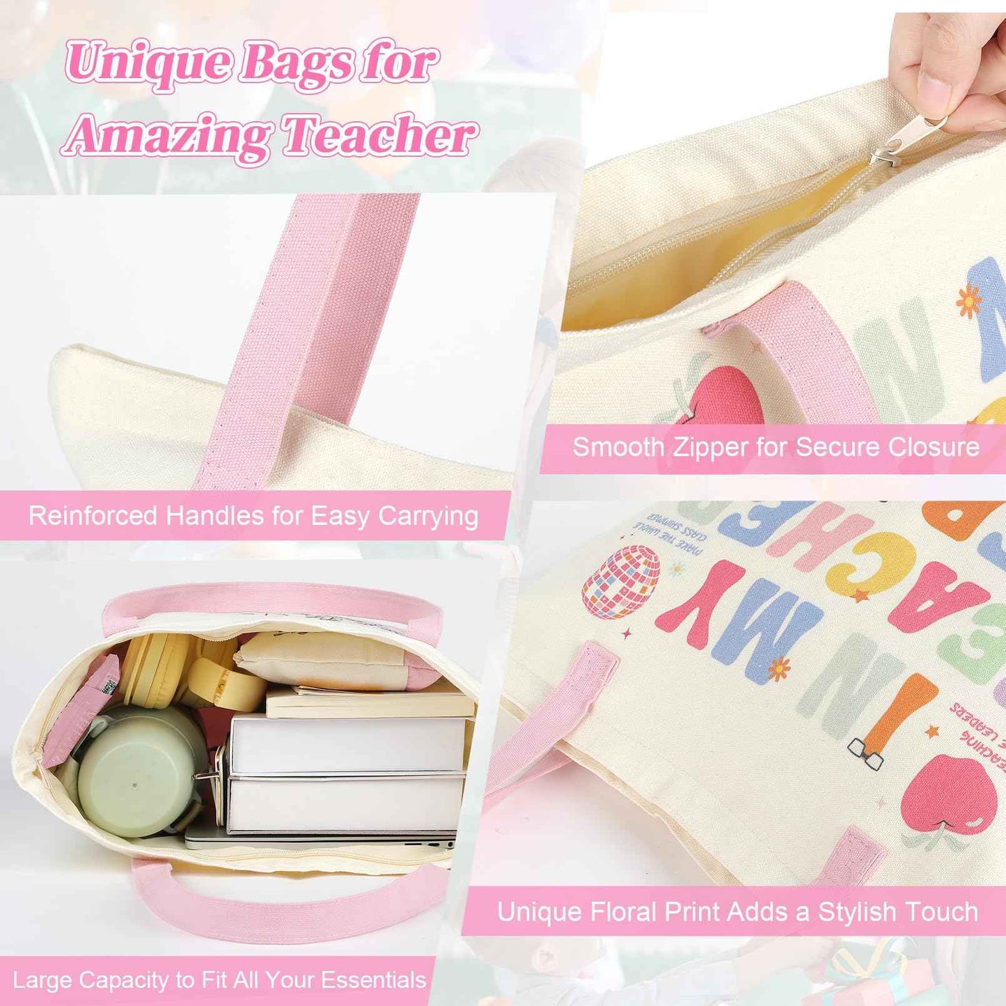 Aileam 2 Pcs Teacher Appreciation Gift Set Canvas Tote Bag Makeup Bag Thank You Teacher Gift Graduation Christmas Reusable Beach Shopping Pink