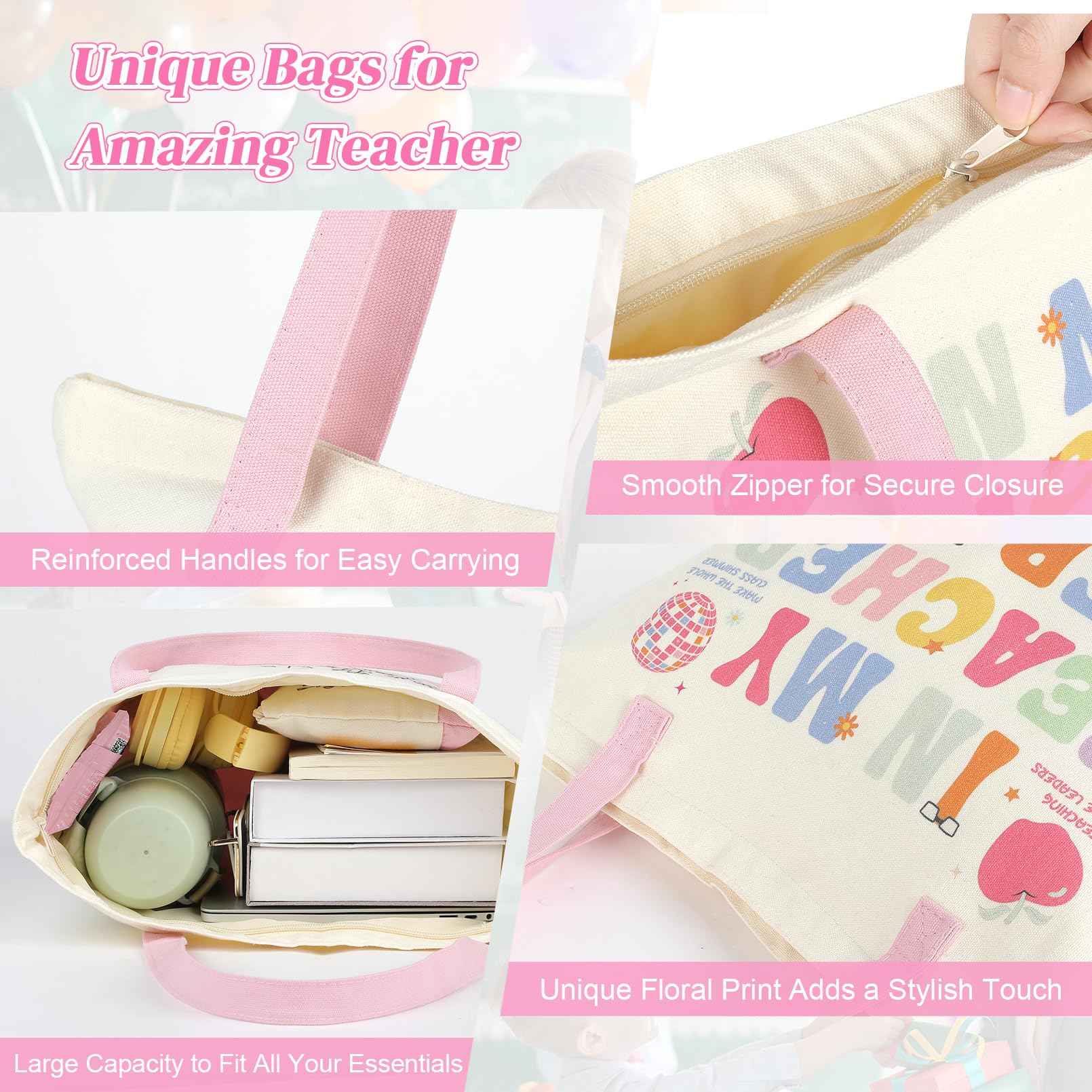 Aileam 2 Pcs Teacher Appreciation Gift Set Canvas Tote Bag Makeup Bag Thank You Teacher Gift Graduation Christmas Reusable Beach Shopping Pink