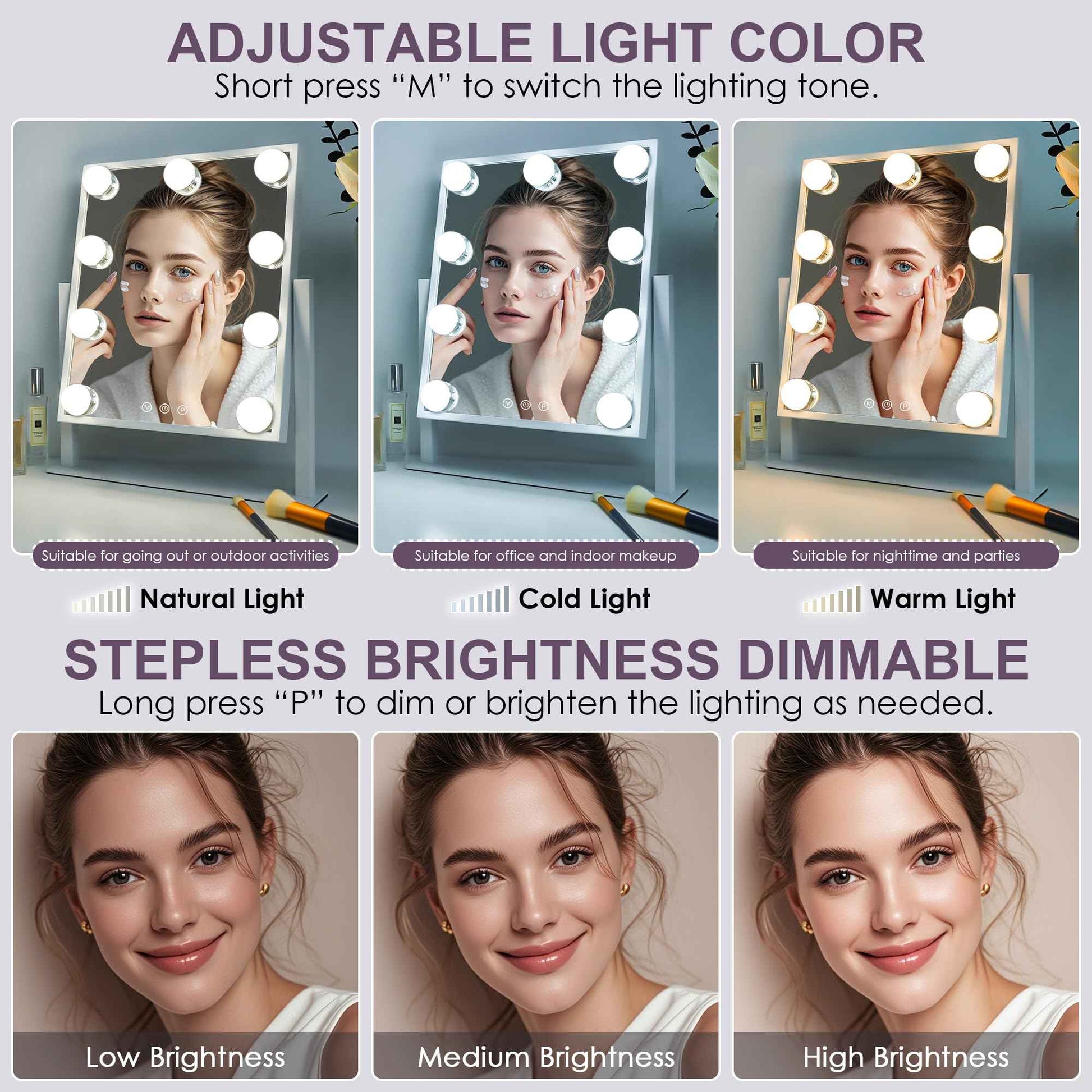 Sucedey Vanity Mirror with Lights, Makeup Mirror with Lights, 3 Color Lighting Modes Detachable 10X Magnification Mirror Touch Control, 360°Rotation, White