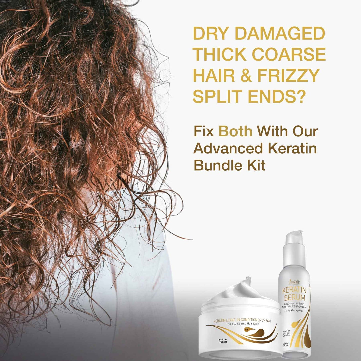 Vitamins Keratin Thick Hair Leave-In Conditioner and Serum Kit - No Rinse Moisturizing Cream and Anti Frizz Gloss Boost for Dry Damaged Curly Wavy and Straight Hair - Pro Salon Hair Care