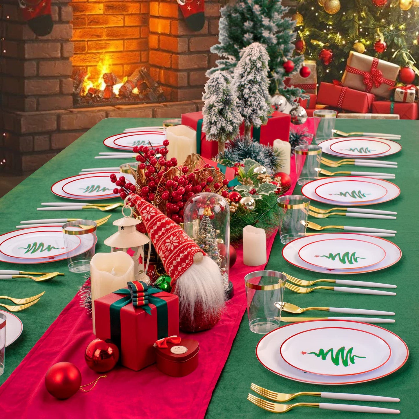 Supernal 180pcs Christmas Dinnerware set,Christmas Tree Plates,Christmas Plastic Plates with Red Rim,Gold Plastic Cutlery with White Handle,Gold Rim Cups,Christmas Party Decoration