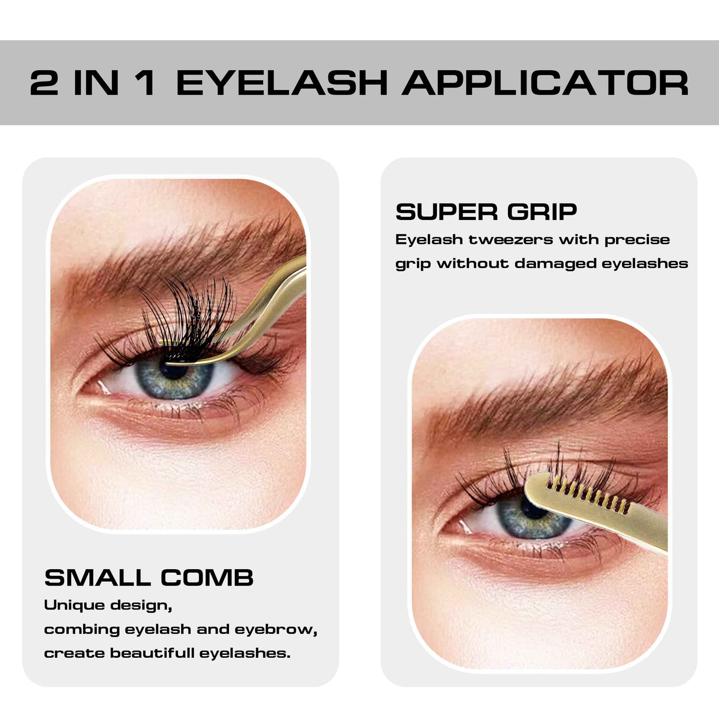 2 in 1 Lash Tweezer with Comb, Eyelash Extension, Stainless Steel Elbow Tweezers, Precise Eyebrow Tweezers Tool, Lashes Tweezer Applicator for DIY Applying False Eyelashes Clusters, Gold