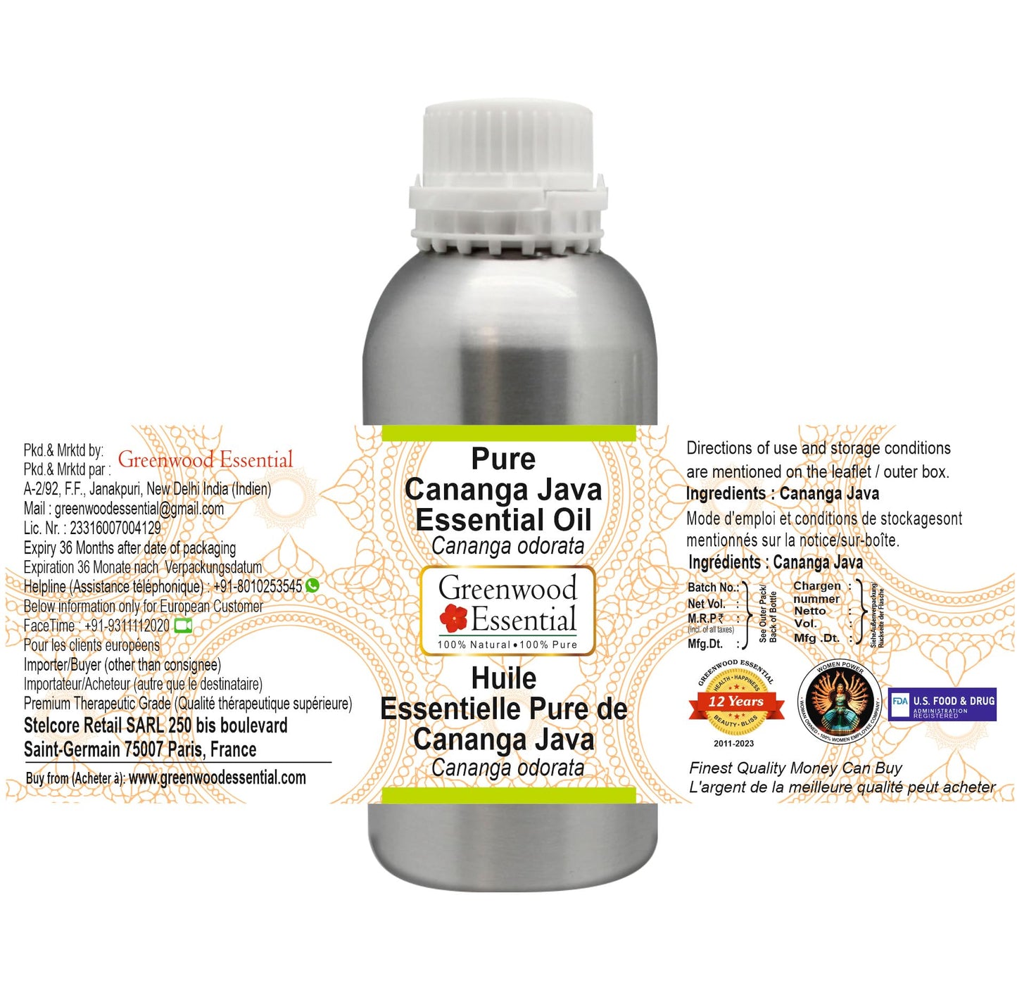 Greenwood Essential Pure Cananga Java Essential Oil (Cananga odorata) Steam Distilled 1250ml (42.2 oz)