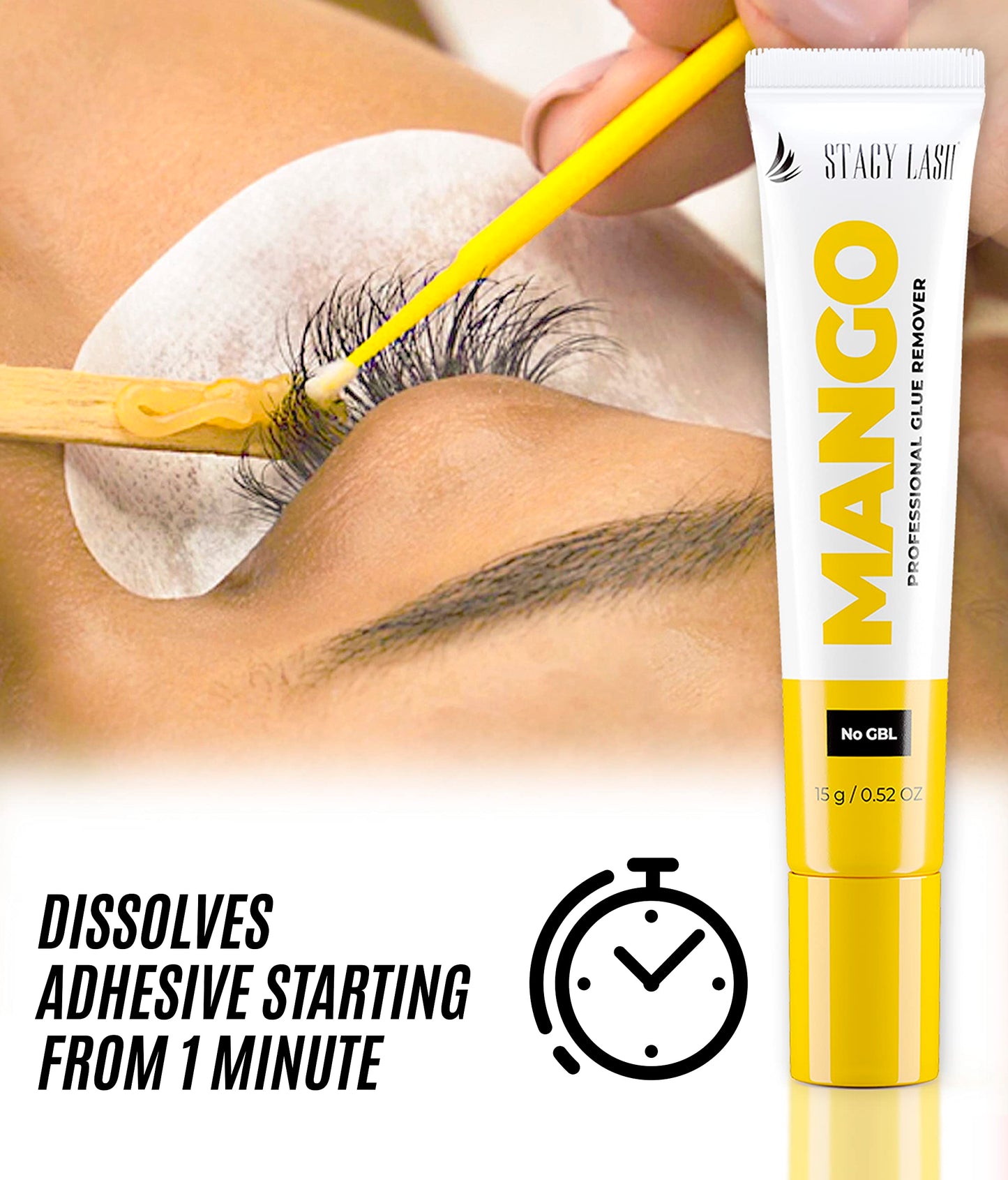 Cream Remover for Eyelash Extension Glue - Mango - Stacy Lash (0.52oz / 15g) / GBL Free/Fast Lash Adhesive Dissolution time - 60 sec/Mild Formula/Not Liquid/Professional Supplies