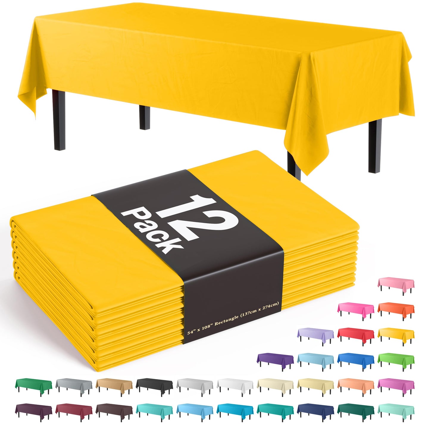 Exquisite 12-Pack Premium Plastic Tablecloth 54in. x 108in. Rectangle Table Cover - Yellow