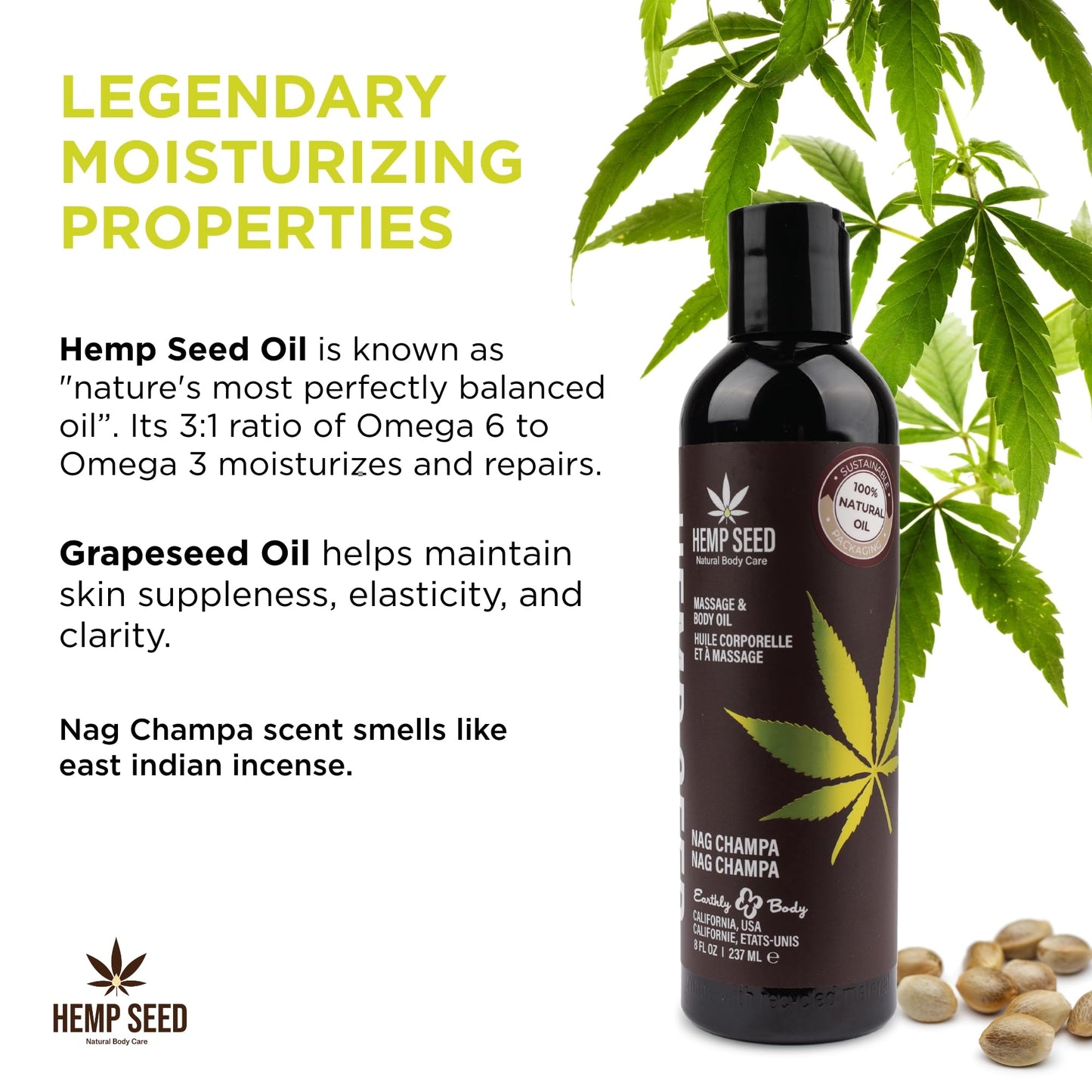 Hemp Seed Massage & Body Oil, Nag Champa Scent - 8 fl. oz. - Nourishing, Moisturizing Massage Oil - Apricot, Grapeseed & Sweet Almond Oil - Vegan & Cruelty Free