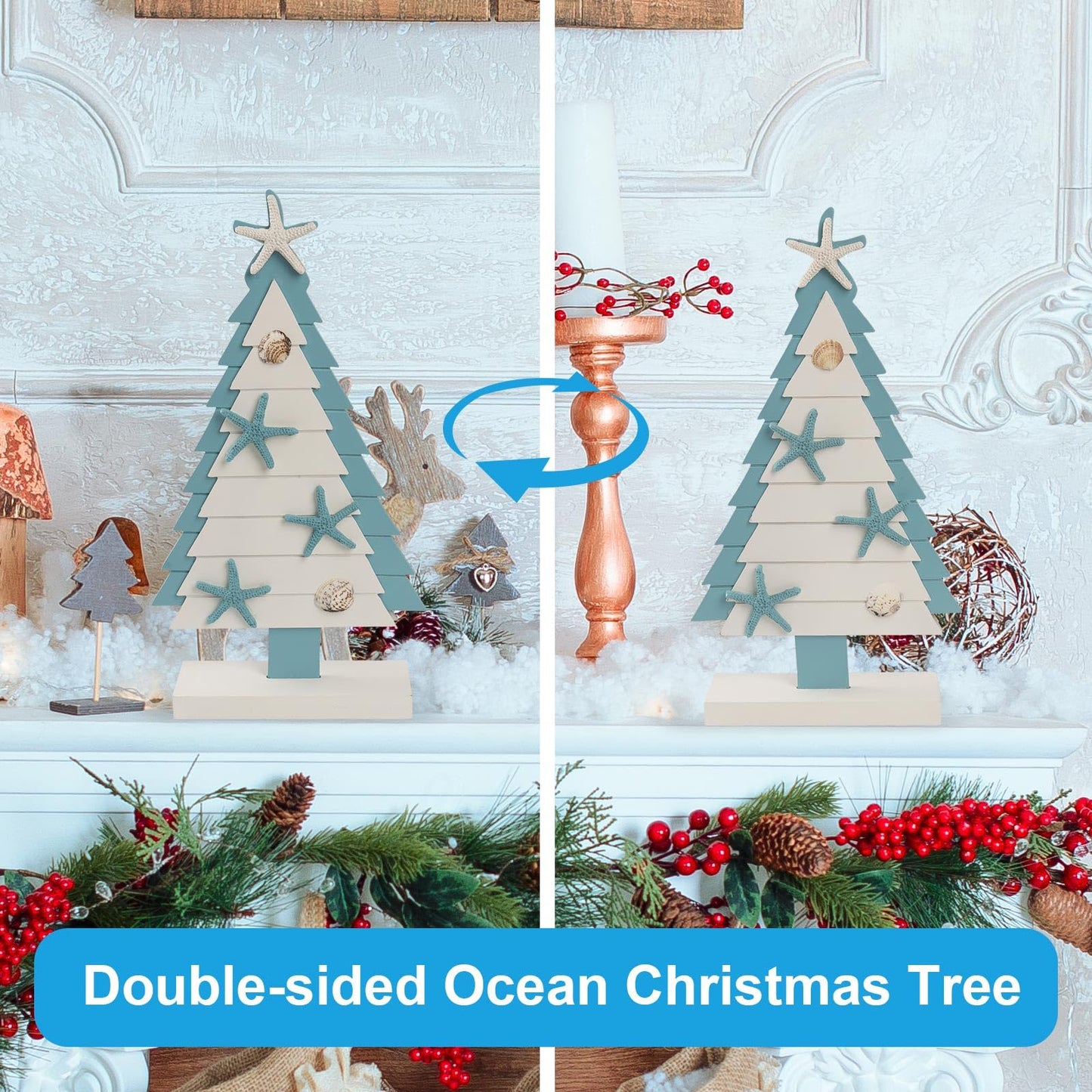 flangairy Coastal Christmas Tree, 14.4x7.9 Inchs Wooden Beach Themed Seashell Starfish Shell Small Christmas Tree Decorations, Indoor Beachy Ocean Xmas Holiday Table Mantle Shelf Home Decor