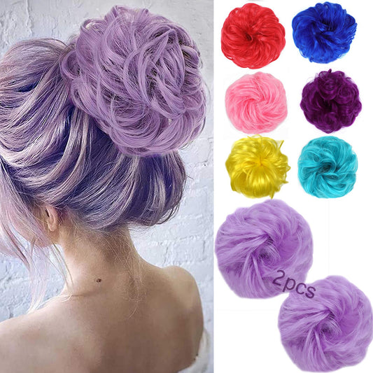 Kediciz Messy Bun Hair Piece, 2PCS Fake Hair Buns Scrunchies Extensions Synthetic Thick Updo Hairpieces Curly Wavy Chignon Ponytail for Women Girls Kids Light Purple