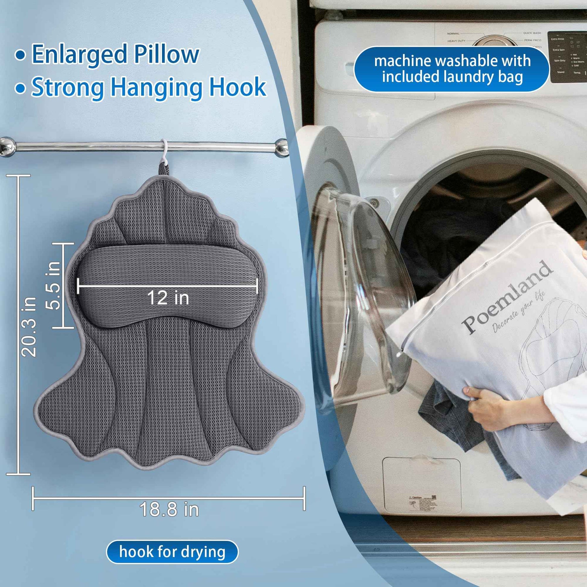 Poemland Bath Pillows for Tub, Luxury Bath Pillow Soft 4d Mesh, Bathtub Pillow with 6 Suction Cups, Ergonomic Bath Tub Pillows for Head and Neck, Bath Accessories for Women Relaxation Gifts (Grey)