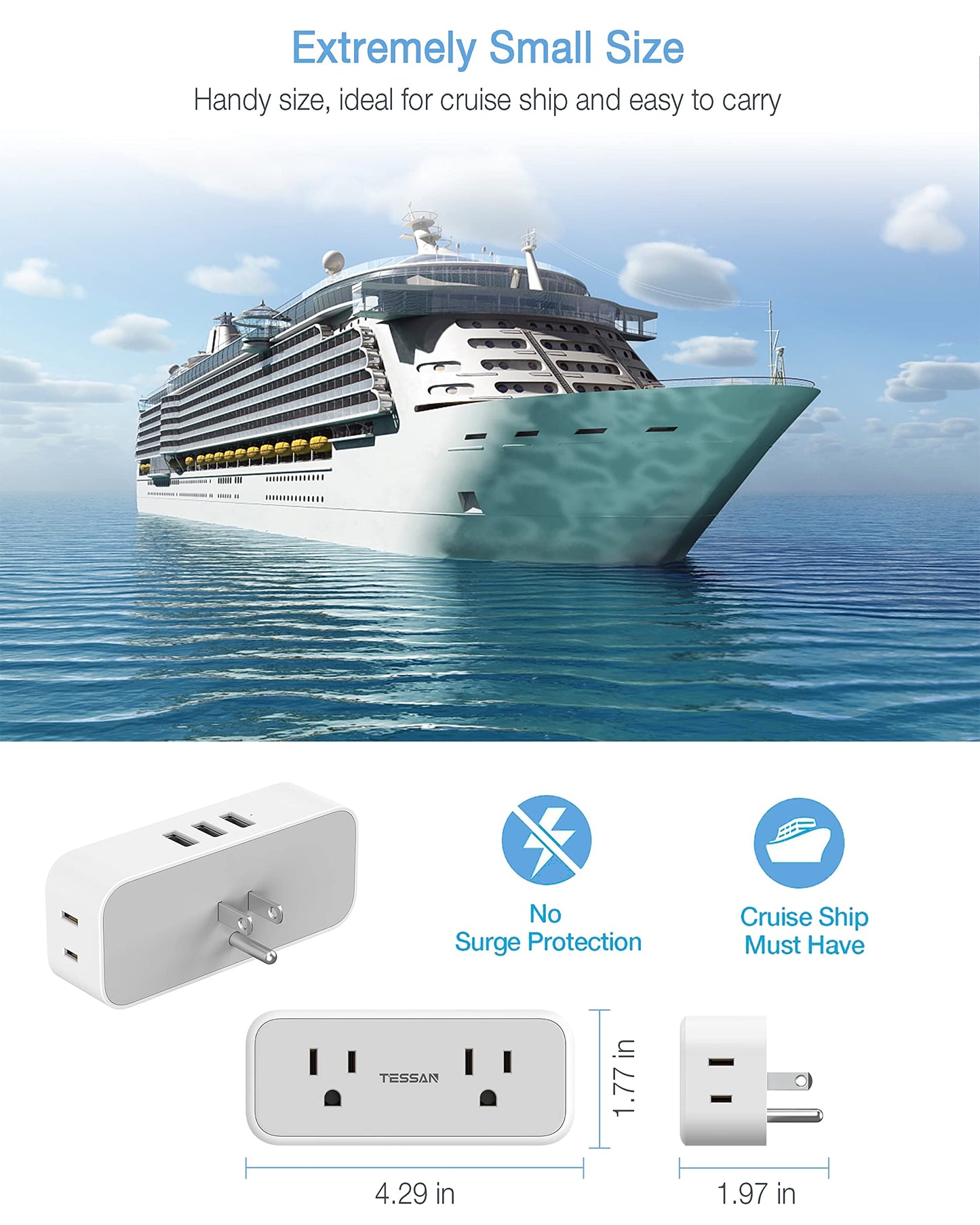 Multi Plug Outlet Splitter with USB, TESSAN 4 Electrical Multiple Outlet Extender with 3 USB Wall Plug, Mini Double Plug Expander for Travel, Home, Office, Dorm