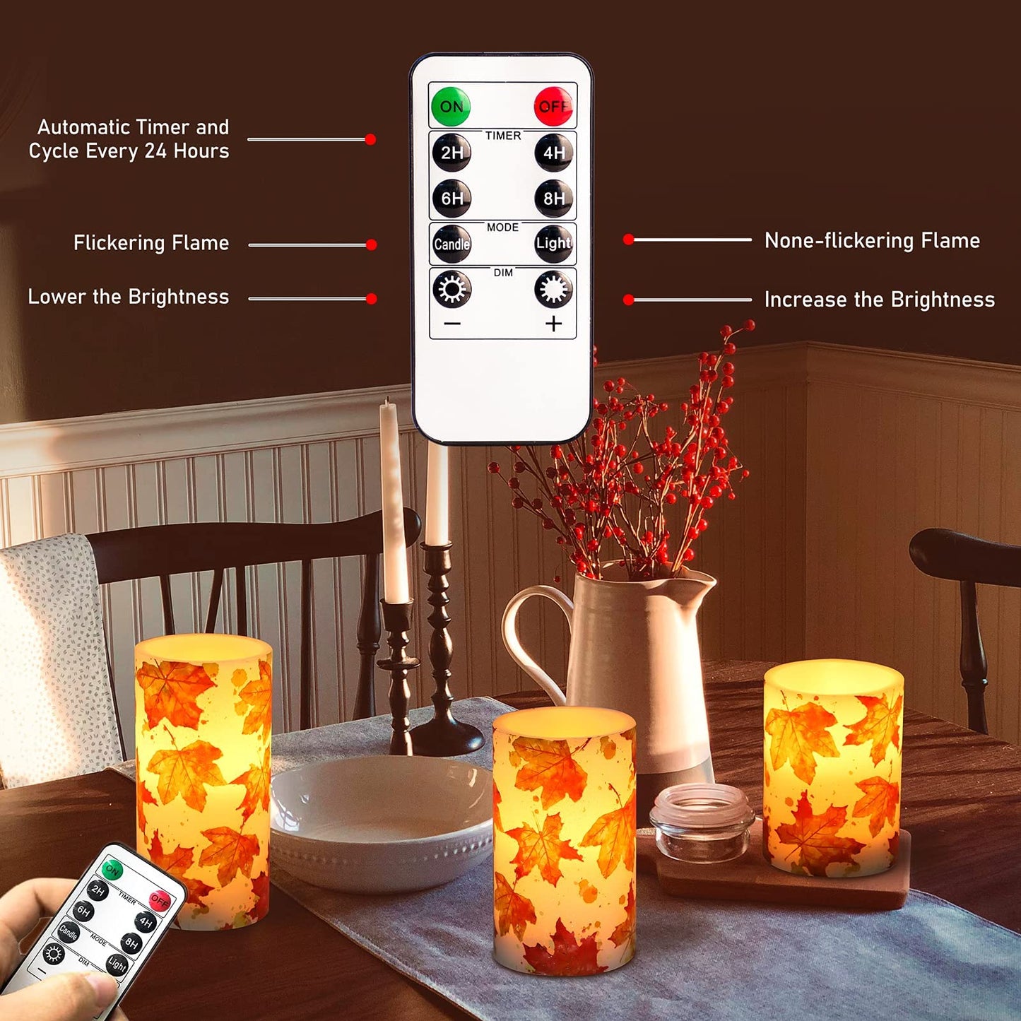 REVELBUNNY Fall Decor Flameless Candles, Autumn Maple Leaves LED Candles with Remote Timer, Battery Powered Pillar Candles for Thanksgiving Party Wedding Decoration, D3 x H4 5" 6" Set of 3