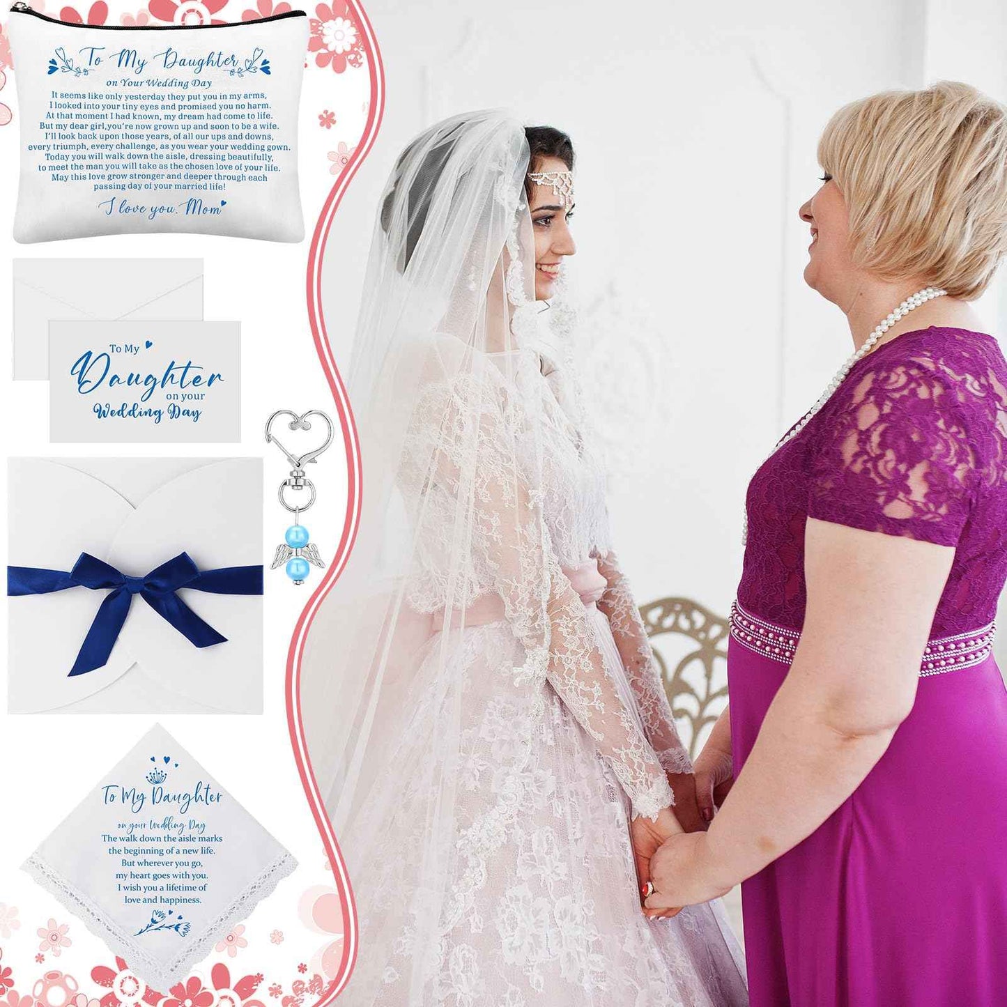 SilTriangle 6 Pcs Wedding Gift to Daughter from Mother Include Embroidered Handkerchief Bride Angel Charms Card Makeup Bag Petal Envelope Blank Envelope for Wedding Day Bridal Shower Keepsake