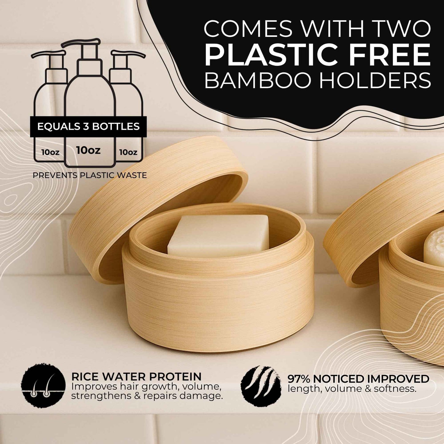 Viori Hidden Waterfall Shampoo and Conditioner Bar Set and Bamboo Holder - Made with Rice Water for Hair Growth - Handcrafted Sulfate Free Shampoo and Conditioner