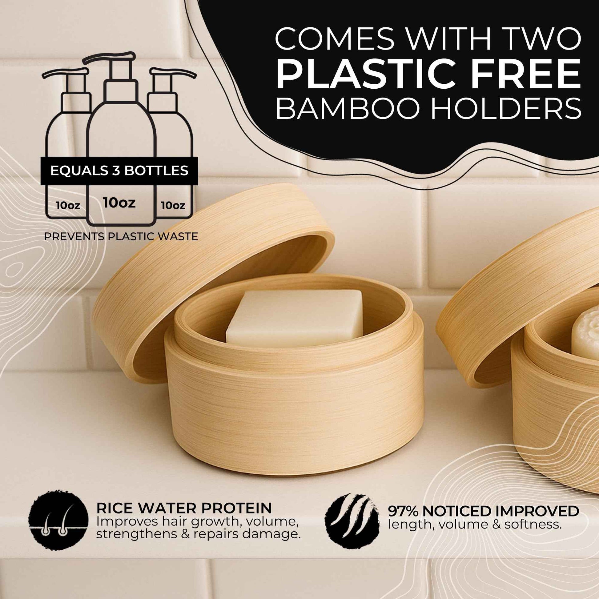 Viori Hidden Waterfall Shampoo and Conditioner Bar Set and Bamboo Holder - Made with Rice Water for Hair Growth - Handcrafted Sulfate Free Shampoo and Conditioner