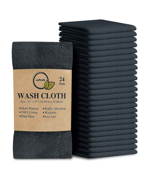 Softolle 100% Cotton Washcloths 24 Pack (12x12 Inches) Soft, Highly Absorbent Washcloth, Face Towels, Wash Cloths for Face, Ring Spun, Bulk Pack (Grey)