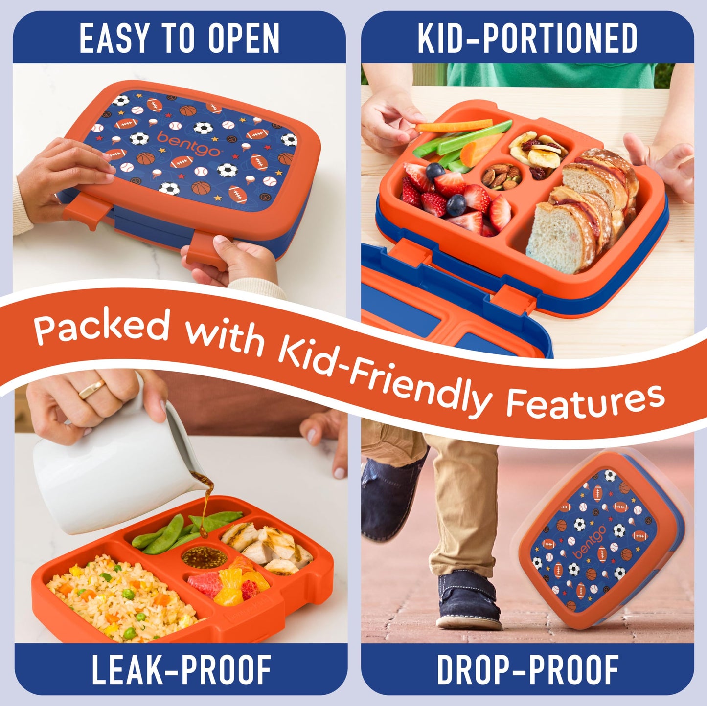 Bentgo Kids Prints Leak-Proof, 5-Compartment Bento-Style Kids Lunch Box - Ideal Portion Sizes for Ages 3-7, Durable, Drop-Proof, Dishwasher Safe, & Made with BPA-Free Materials (Sports)