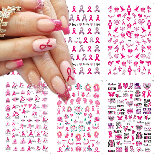 6Sheet Breast Cancer Nail Art Stickers Pink Ribbon Black Letter Nail Stickers Love Heart Design Nail DIY Breast Cancer Awareness Stickers Nail Art Design Nail Decals for Women Girls Nail Supplies.