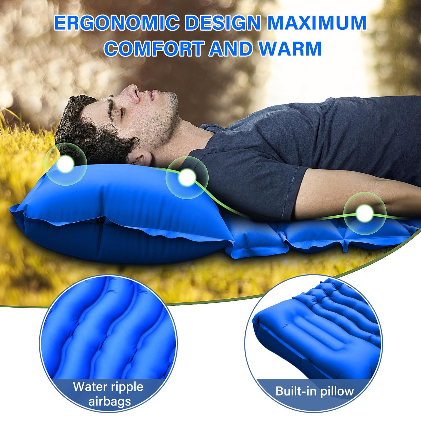 Camping Sleeping Pad, Ultralight Camping Pad with Pillow Built-in Foot Pump Inflatable Sleeping Mat Compact for Camping Backpacking Hiking Traveling - Blue