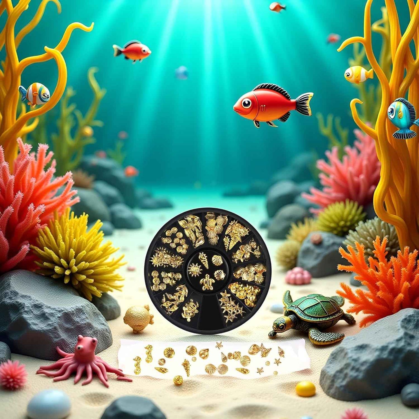 12 Styles Golds Nail Art Metal Studs Metallic 3D Pieces Rivet Palm Tree Turtles Marine Life Charms for Summer Beach Manicure DIY Acrylic Nails Design Supply Nail Art and Polish (Gold Ocean Studs)