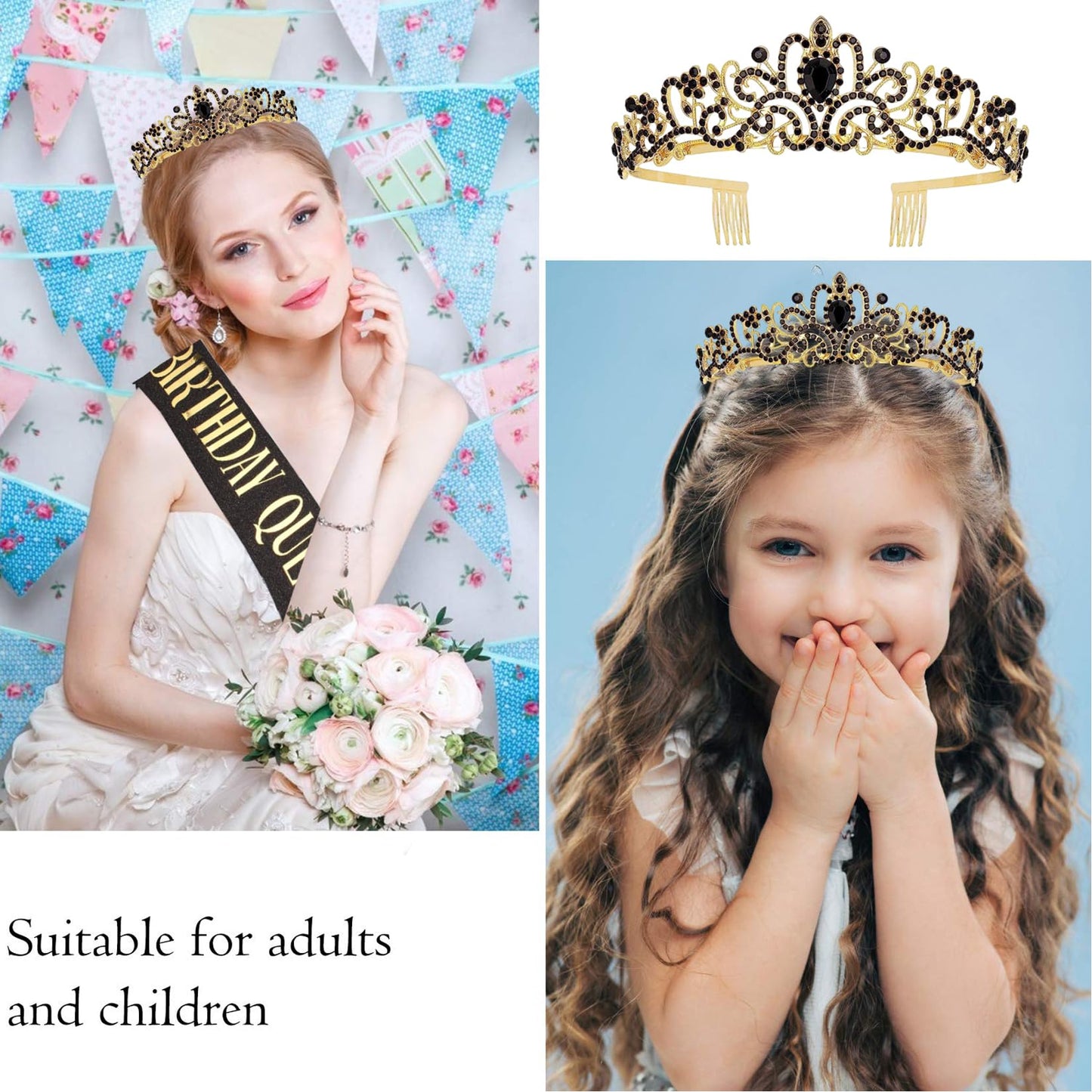 Birthday Queen Sash and Crystal Tiara Set Tiara and Crowns for Women Birthday Gift for Girl Kit Decorations Set Rhinestone Hair Accessories Glitter Stain Silk Sash for Party (Black Tiara + Black Sash)