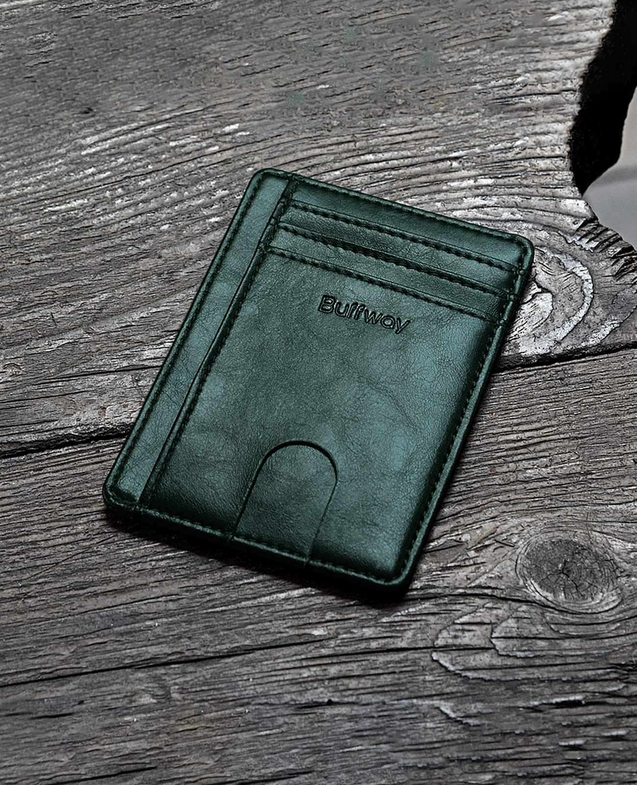 Buffway Slim Minimalist Front Pocket RFID Blocking Leather Wallets for Men and Women - Alaska Green