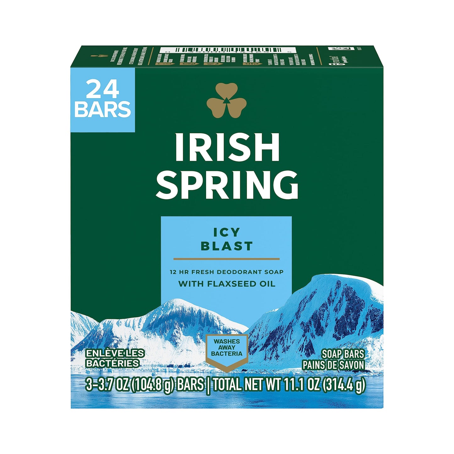 Irish Spring Icy Blast Bar Soap for Men, Mens Soap, Smell Fresh and Clean 12 Hours, Men Bars Washing Hands Body, Mild Skin, Recyclable Carton, 24 Pack, 3.7 Oz