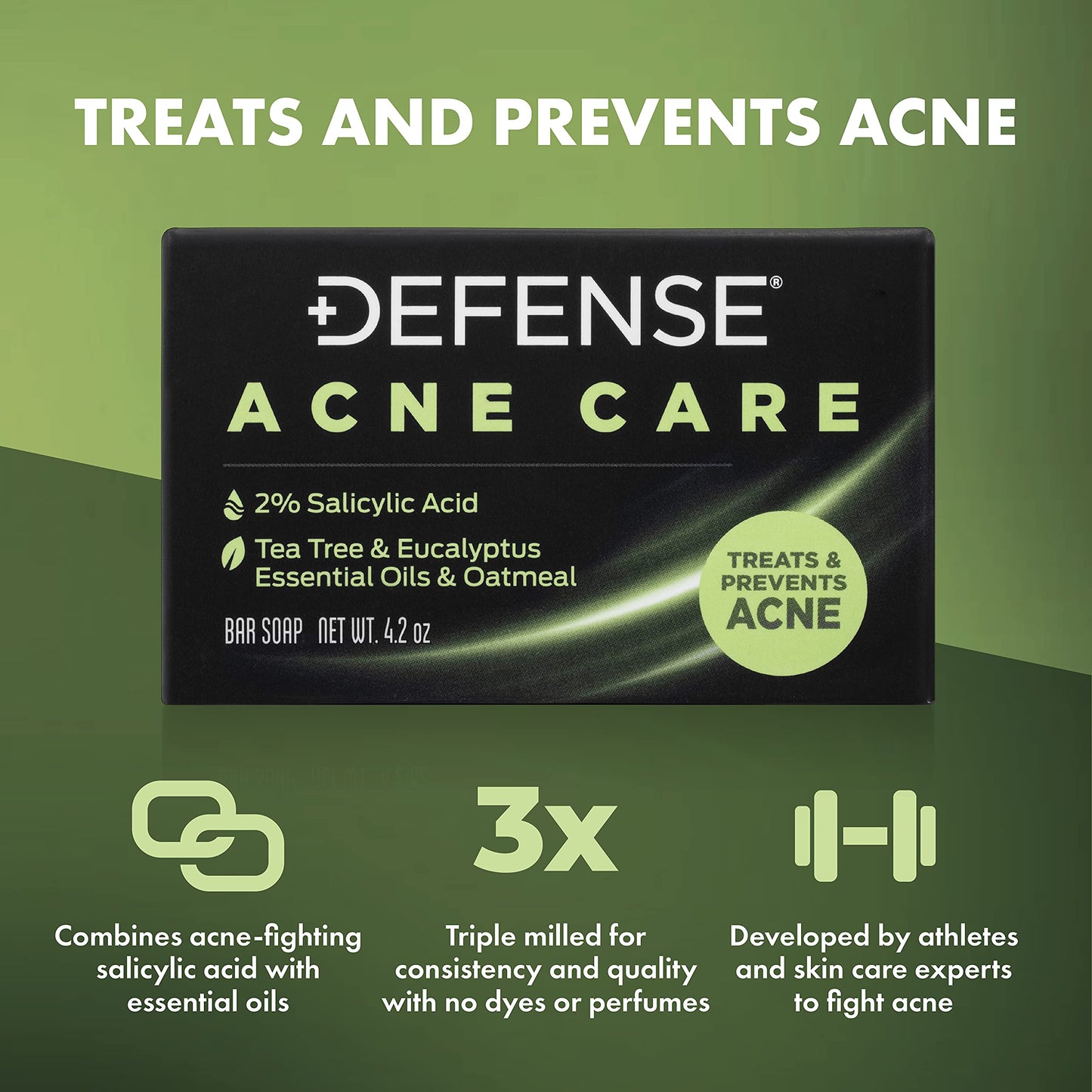 Defense Acne Care Bar Soap 4.2oz | contains 2% Salicylic Acid, Tea Tree & Eucalyptus Essential Oils & Oatmeal (Pack of 5)