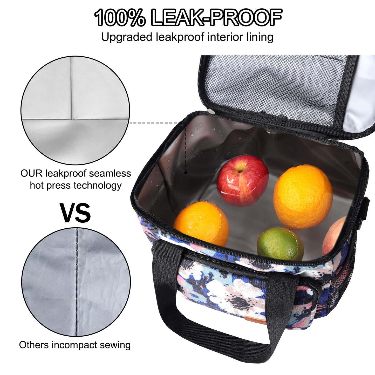 Femuar Lunch Bags for Women/Men, Insulated Lunch Bag for Work Office - Lunch Cooler Bag Leakproof Lunch Box with Adjustable Shoulder Strap - Ink foral