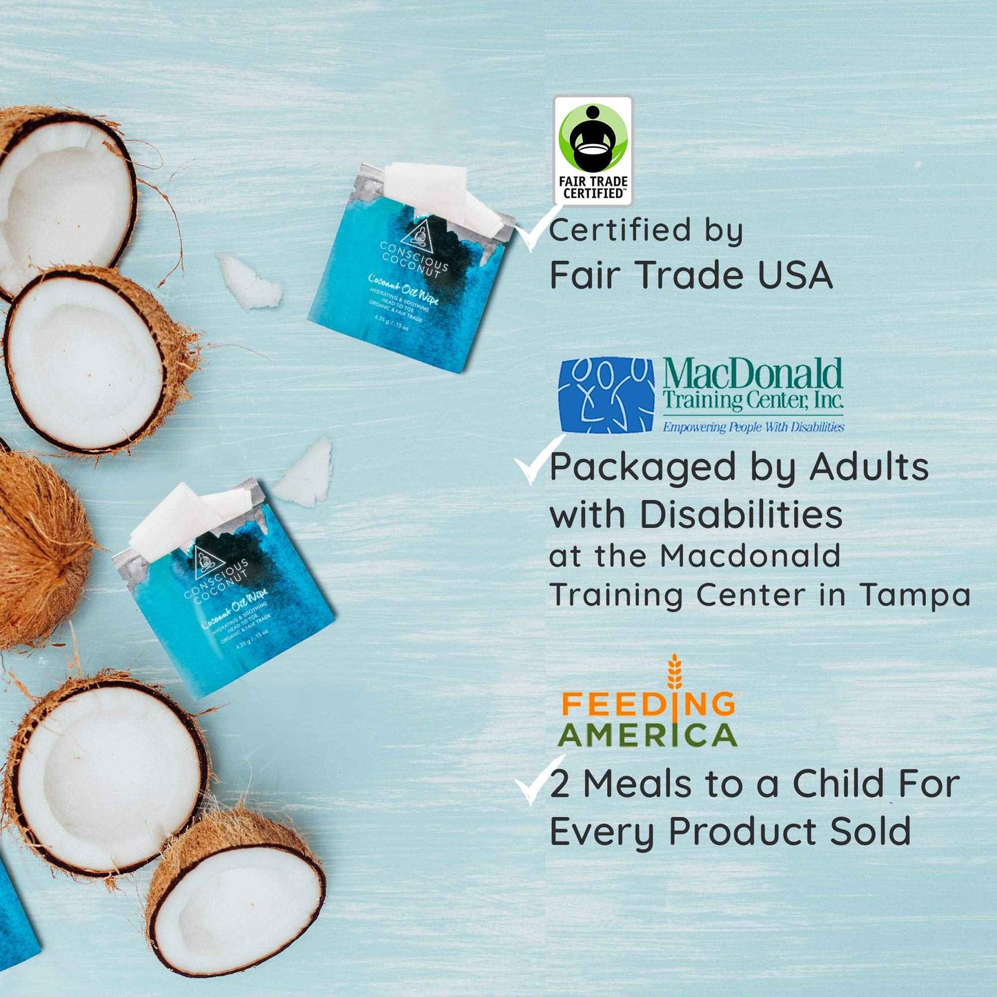 Conscious Coconut Individual Coconut Oil Wipes - For Face and Body - Soothing, Moisturizing, Sunburns, Makeup Remover, Cold-Pressed, Virgin Coconut Oil (25 Count)