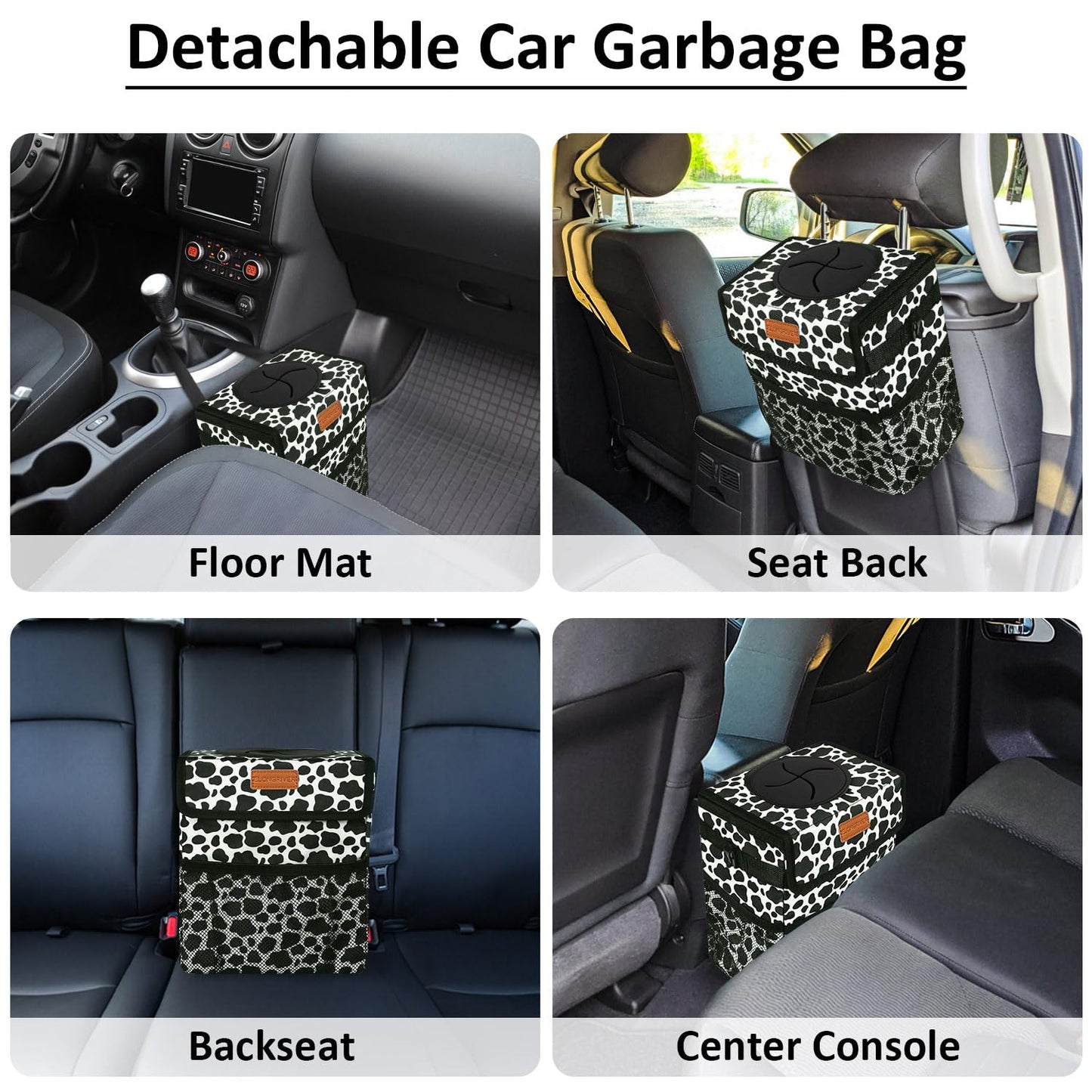 ELONGRIVER Car Trash Can Bin for Car Back Seat Leak Proof, Cute Car Trash Bag Hanging, Vehicle Trash Can for SUV Truck Van, Automotive Car Garbage Cans Front Seat Cow Print