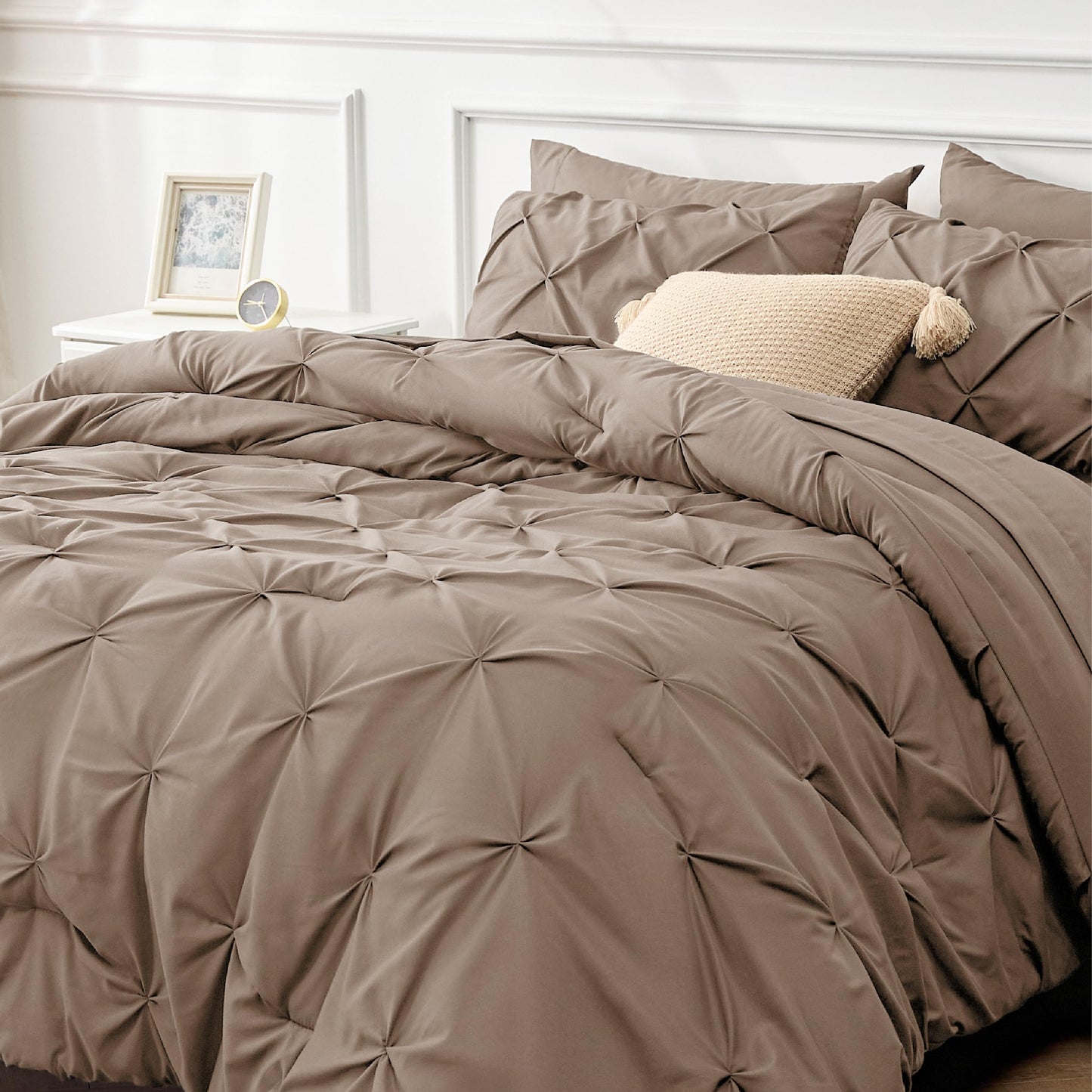 Bedsure Twin Size Comforter Sets Brown - 5 Pieces Pintuck Bed Set Twin Size, Twin Size Bed in a Bag with Comforter, Sheets, Pillowcase & Sham