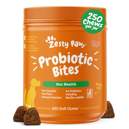 Zesty Paws Probiotics for Dogs - Digestive Enzymes for Gut Flora, Digestive Health, Diarrhea & Bowel Support - Clinically Studied DE111 - Dog Supplement Soft Chew for Pet Immune System - 250 Count