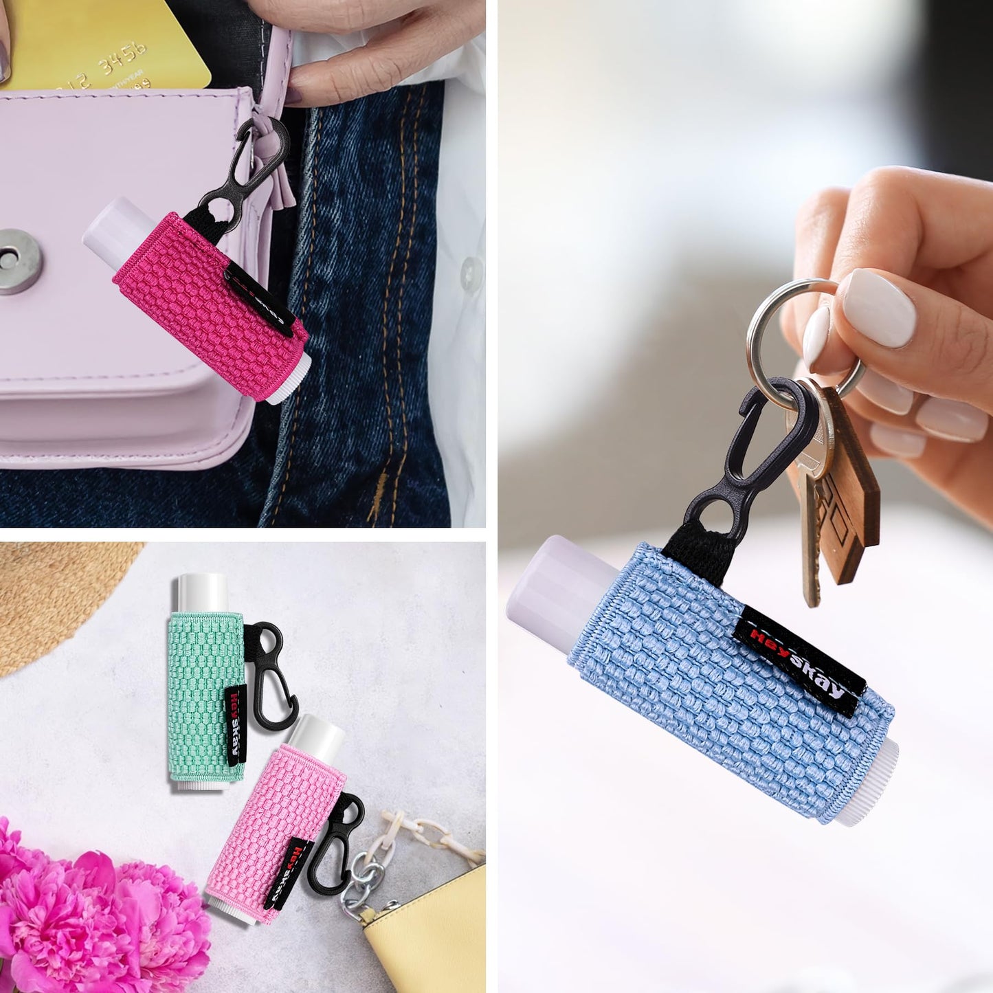 HEYSKAY 3PCS Lip Balm Holder Sleeves Keychain Lipstick Sleeves Lip Gloss Holder Keychain Chapstick Elastic Sleeves