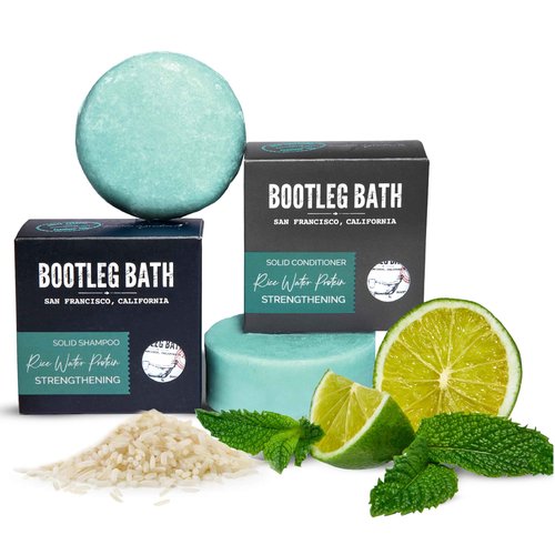 BOOTLEG BATH Strengthening Shampoo and Conditioner Bar Set with Rice Water Protein and Argan Oil, Vegan, Sulfate-Free, Phthalate-Free, Paraben-Free, Eco Friendly, 2.2 oz bars